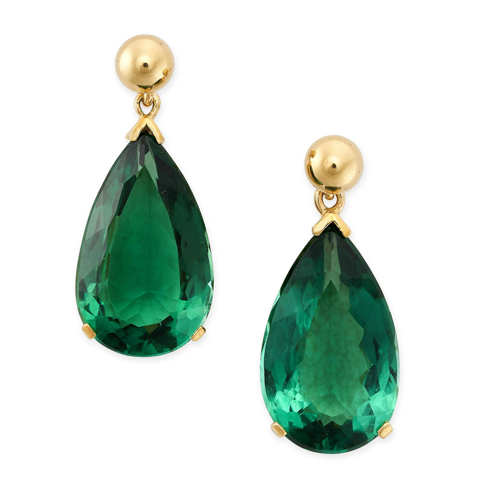 A PAIR OF GREEN QUARTZ DROP EARRINGS in yellow gold, each comprising a gold stud suspending a pear (1 of 1)