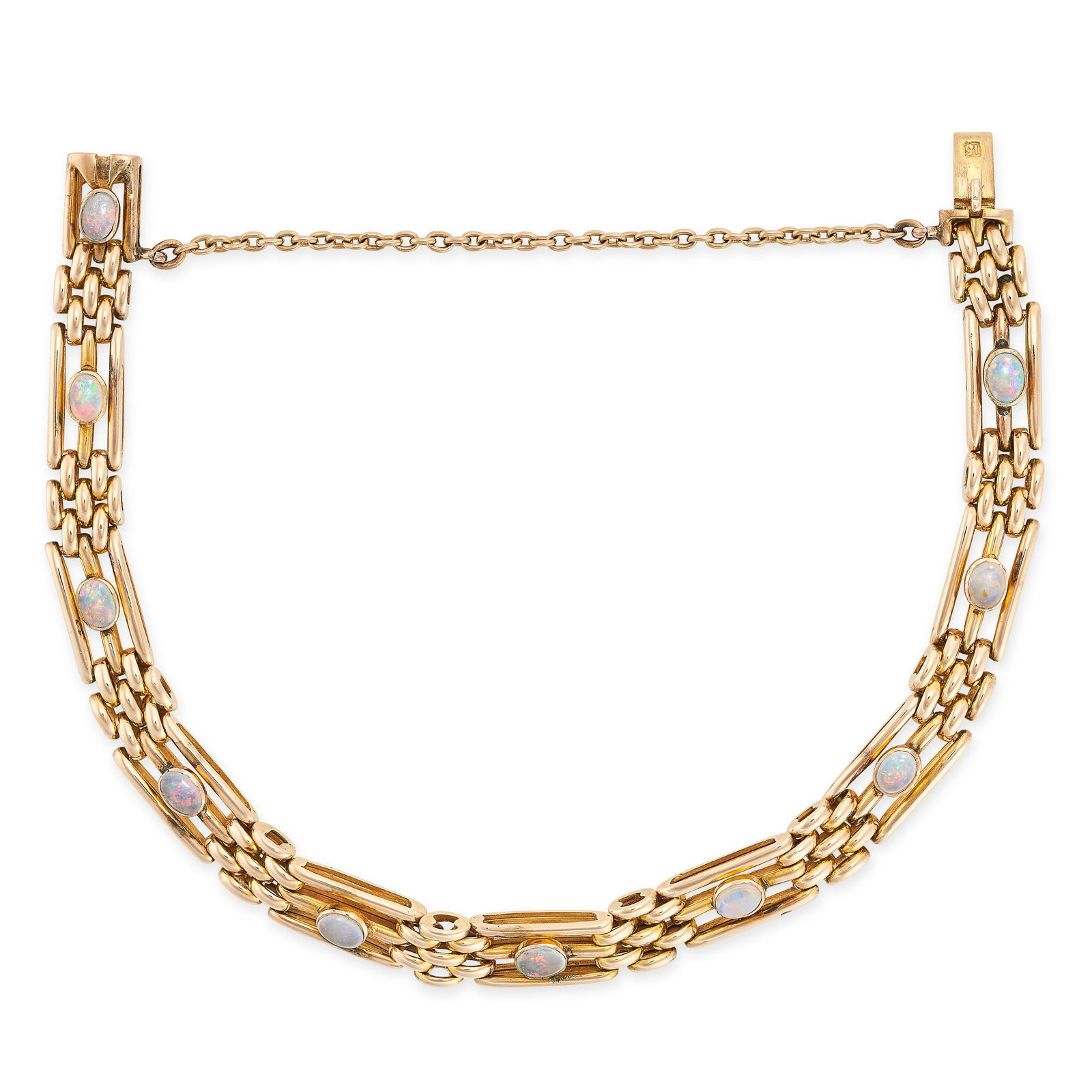 AN ANTIQUE OPAL GATE BRACELET in 15ct yellow gold, the openwork gate links set with round cabochon (1 of 1)