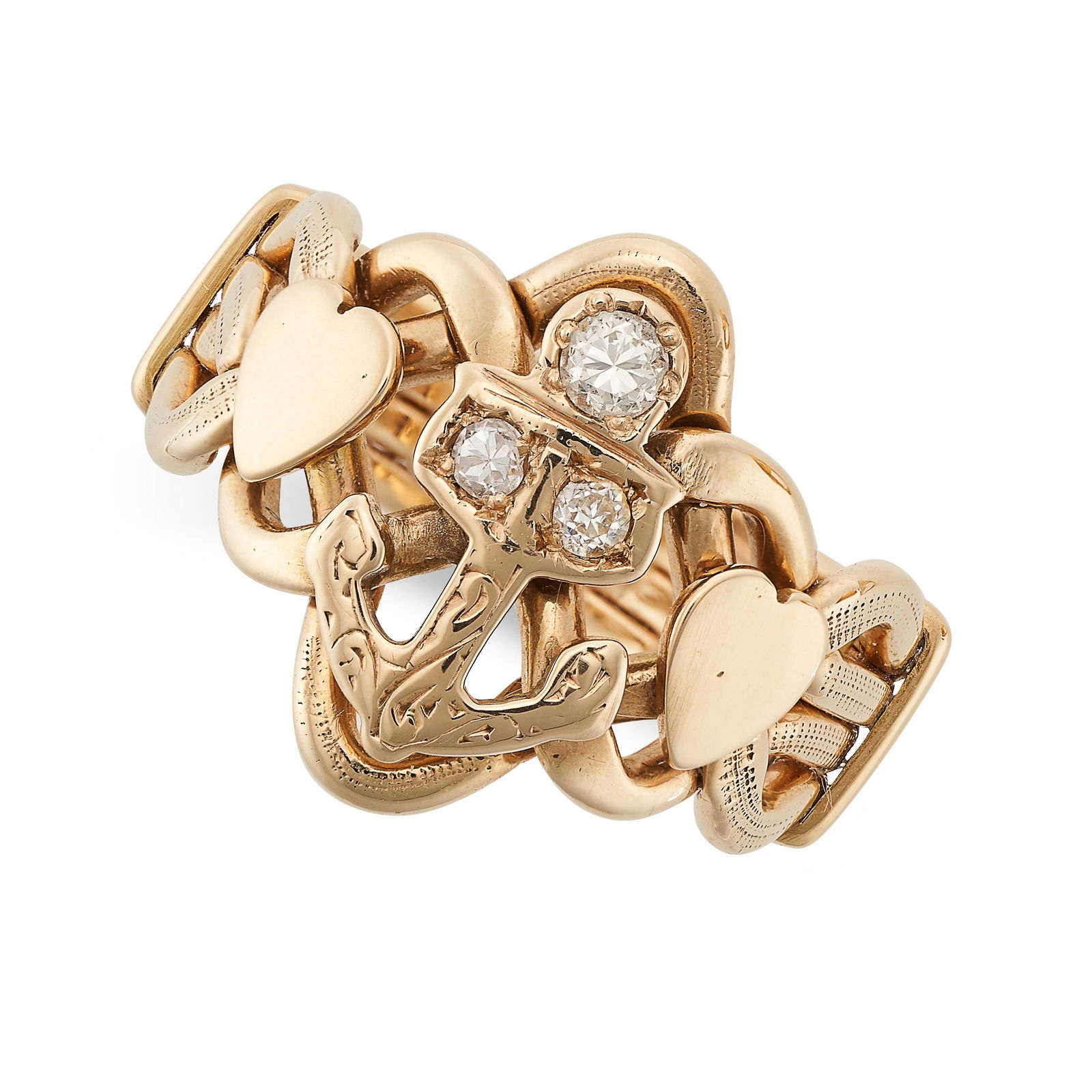 A VINTAGE DIAMOND ANCHOR RING in yellow gold, designed as an anchor set with round brilliant cut (1 of 2)