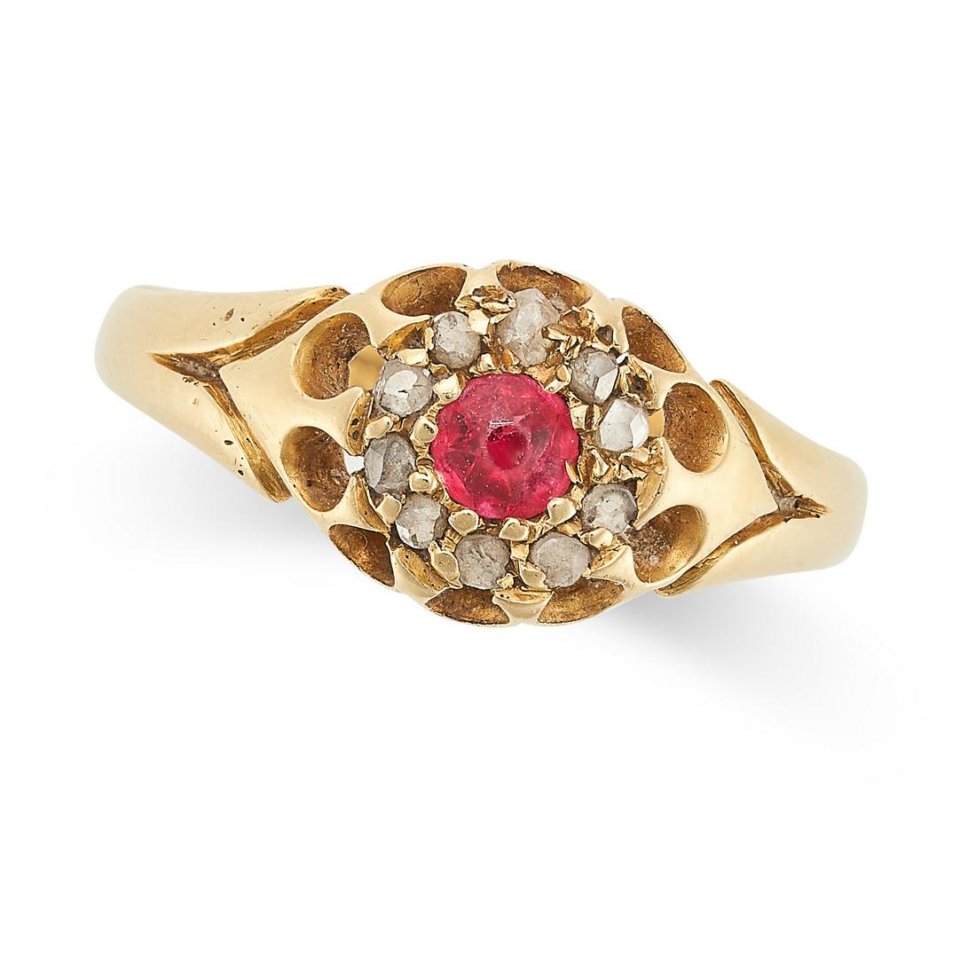 NO RESERVE - A RUBY AND DIAMOND CLUSTER RING in 18ct yellow gold, set with a round cut ruby in a (1 of 1)