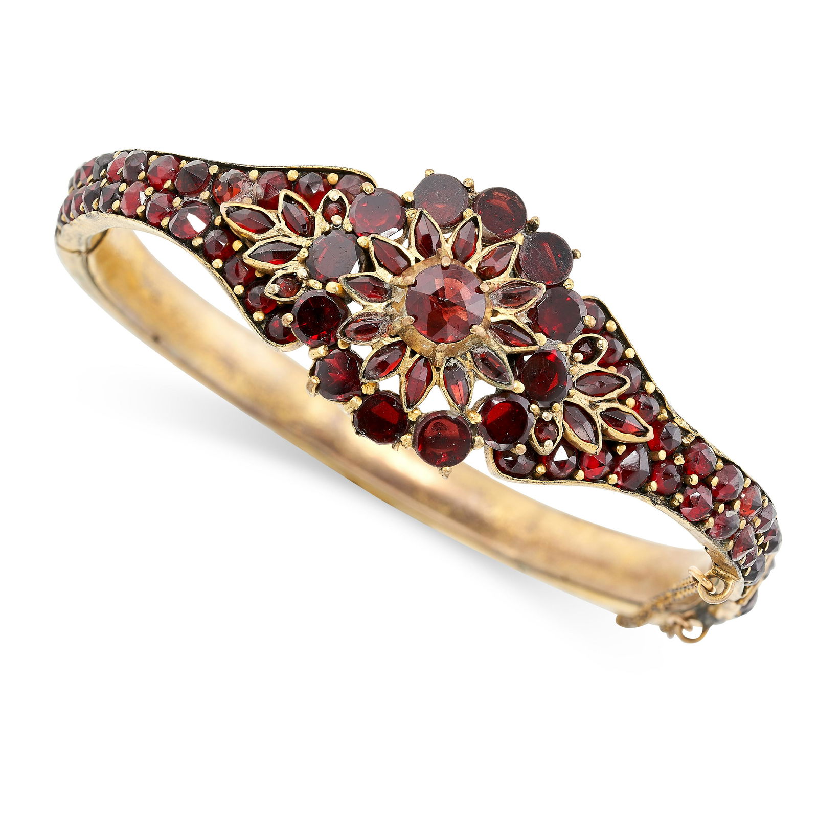 AN ANTIQUE BOHEMIAN GARNET BANGLE set throughout with rose cut garnets, the centre of the bangle (1 of 1)