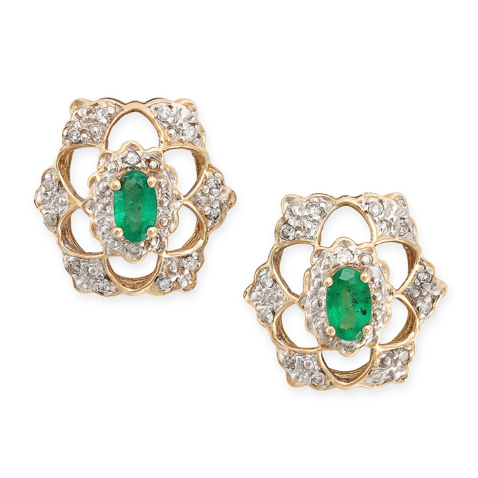 NO RESERVE - A PAIR OF EMERALD AND DIAMOND CLUSTER STUD EARRINGS in 9ct yellow gold, the openwork (1 of 1)