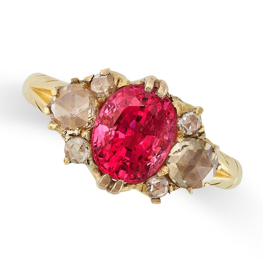 A BURMA NO HEAT PINK SPINEL AND DIAMOND RING in 18ct yellow gold, set with a cushion cut pink spinel (1 of 2)