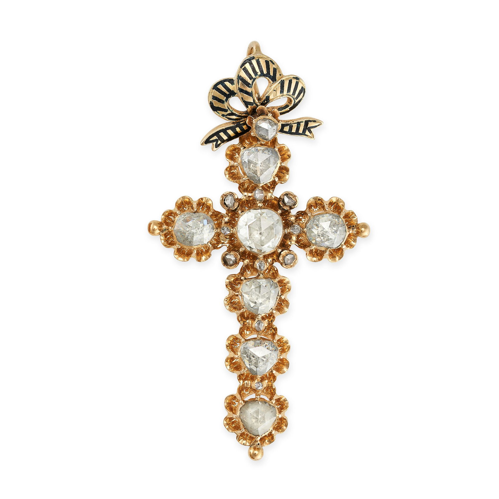 AN ANTIQUE DIAMOND AND ENAMEL CROSS PENDANT, 19TH CENTURY in yellow gold, the cross set with rose (1 of 1)