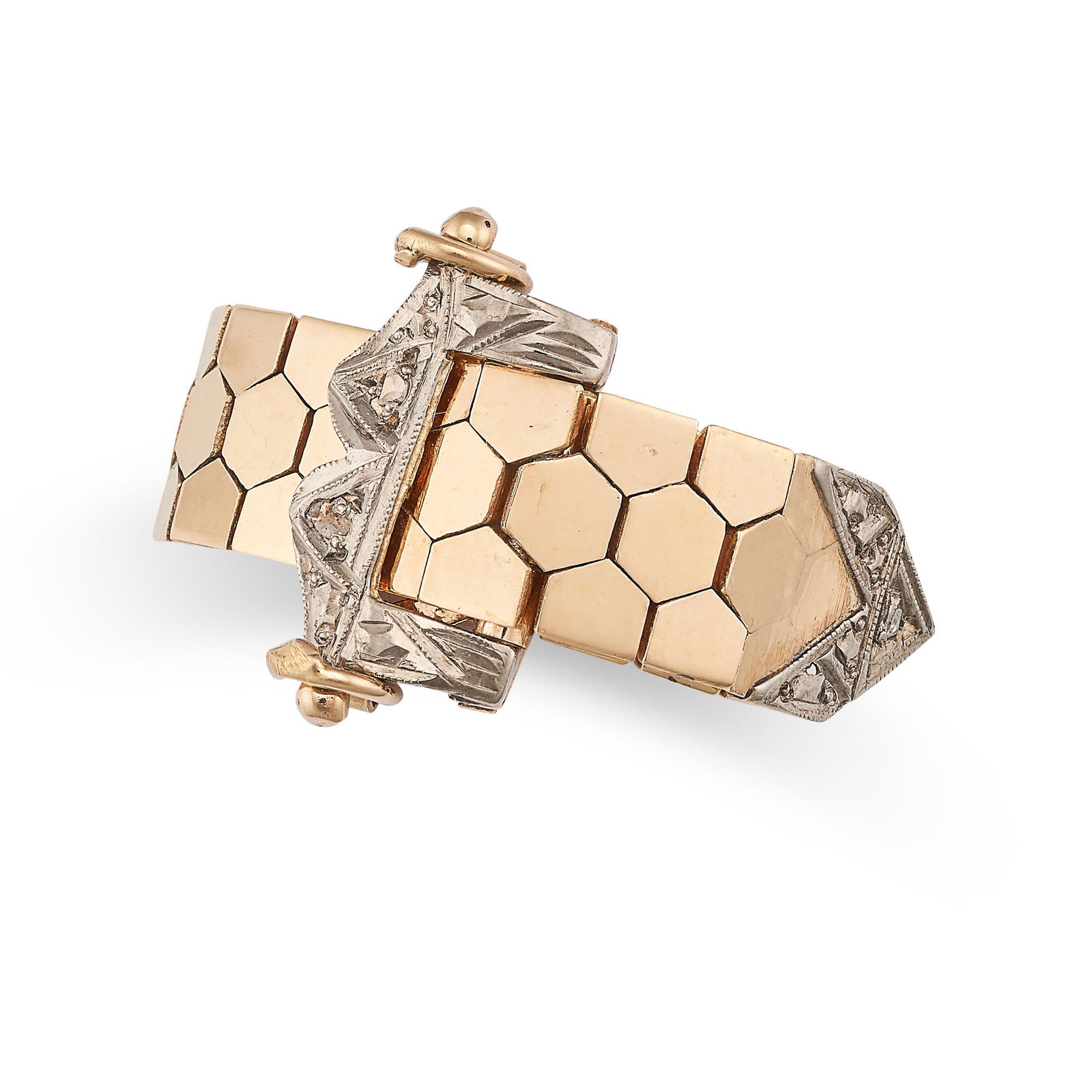 A VINTAGE DIAMOND BELT RING in rose and white gold, formed of articulated hexagonal links to an (1 of 2)