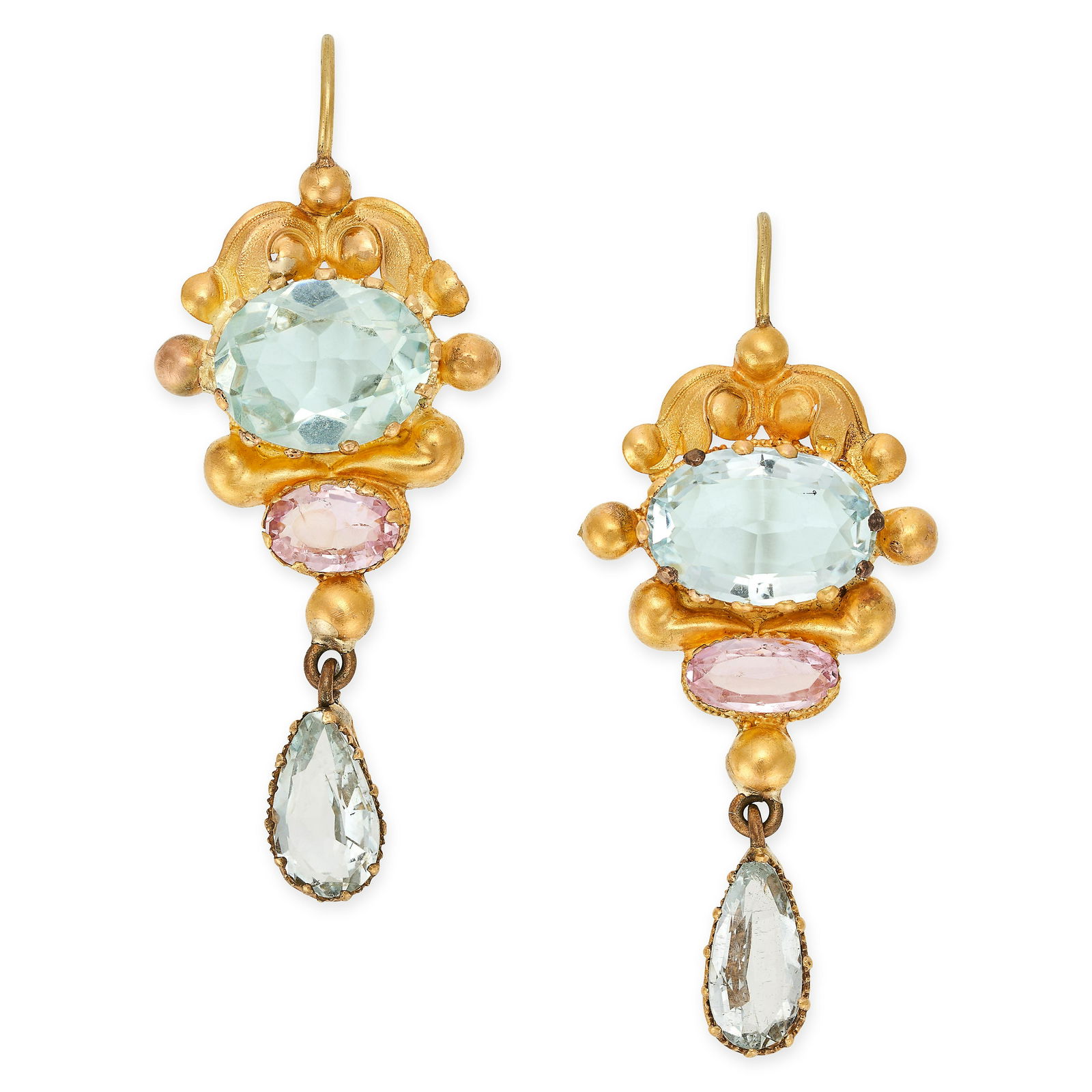 A PAIR OF ANTIQUE AQUAMARINE AND PINK TOPAZ DROP EARRINGS, 19TH CENTURY AND LATER in yellow gold, (1 of 1)