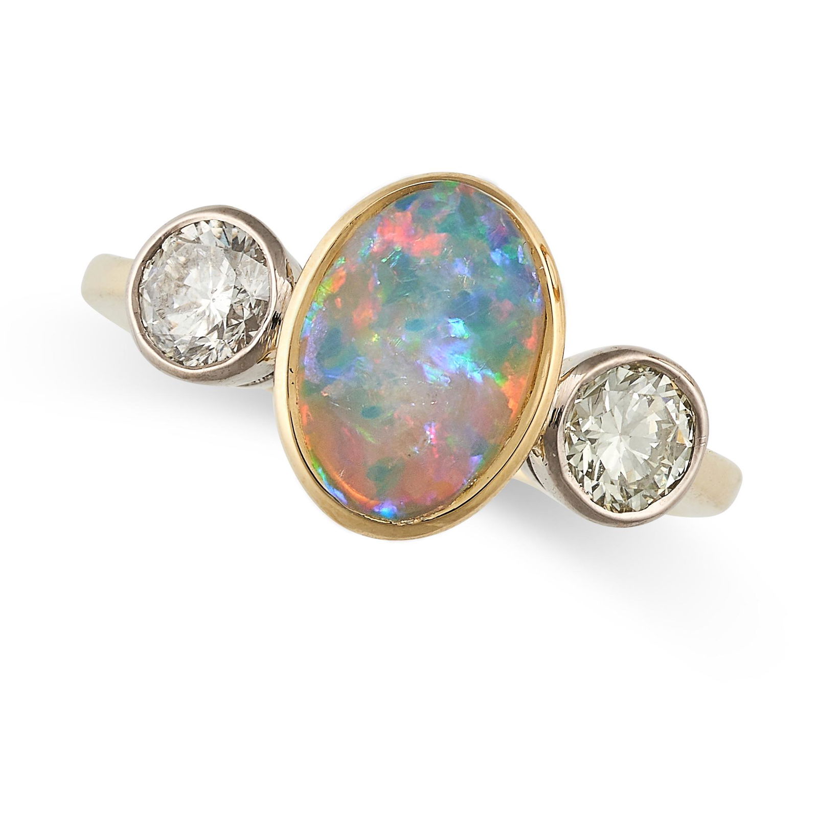AN OPAL AND DIAMOND THREE STONE RING in 18ct yellow gold, set with an oval cabochon opal between two (1 of 1)