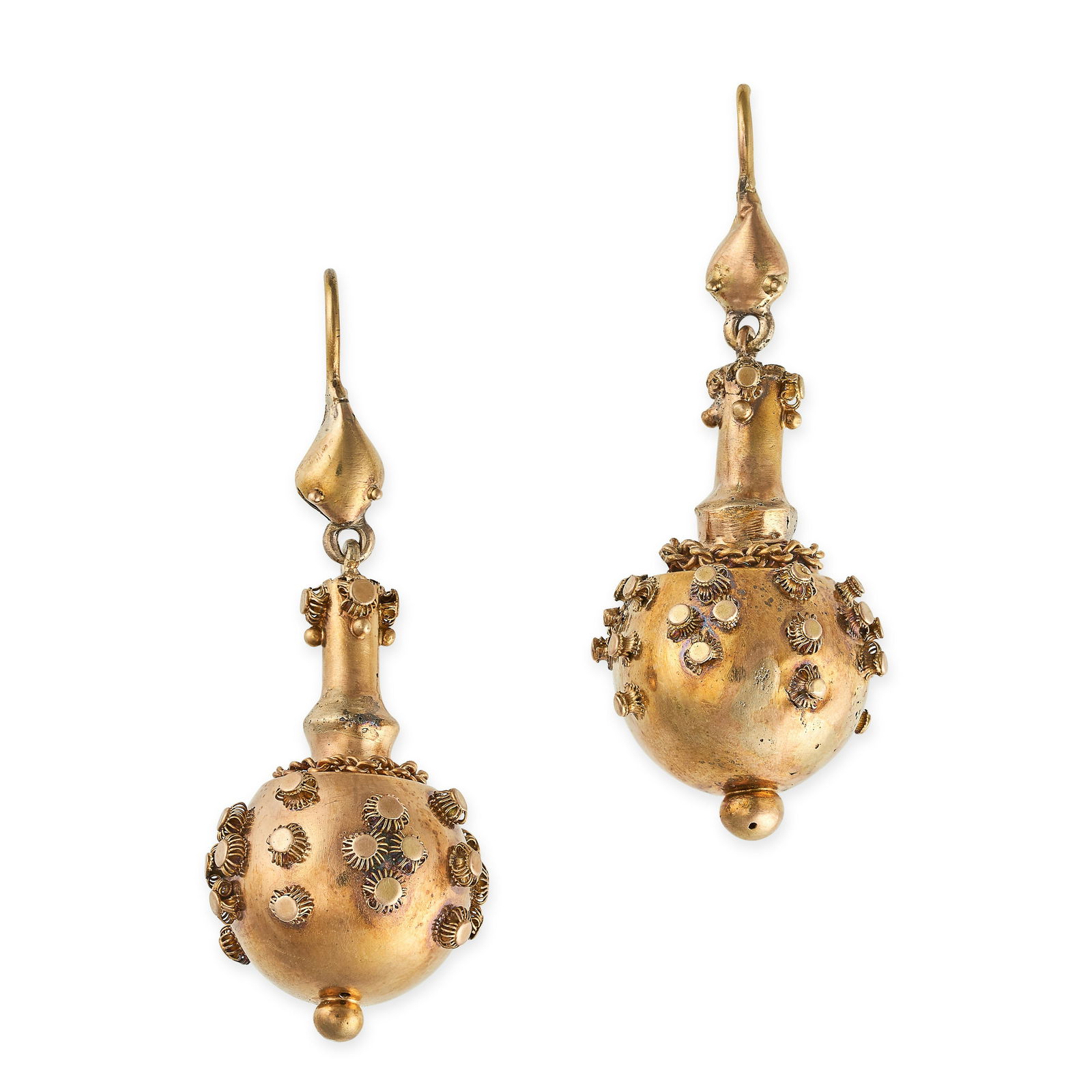 A PAIR OF ANTIQUE GOLD DROP EARRINGS in yellow gold, each comprising a snake head suspending a domed (1 of 1)