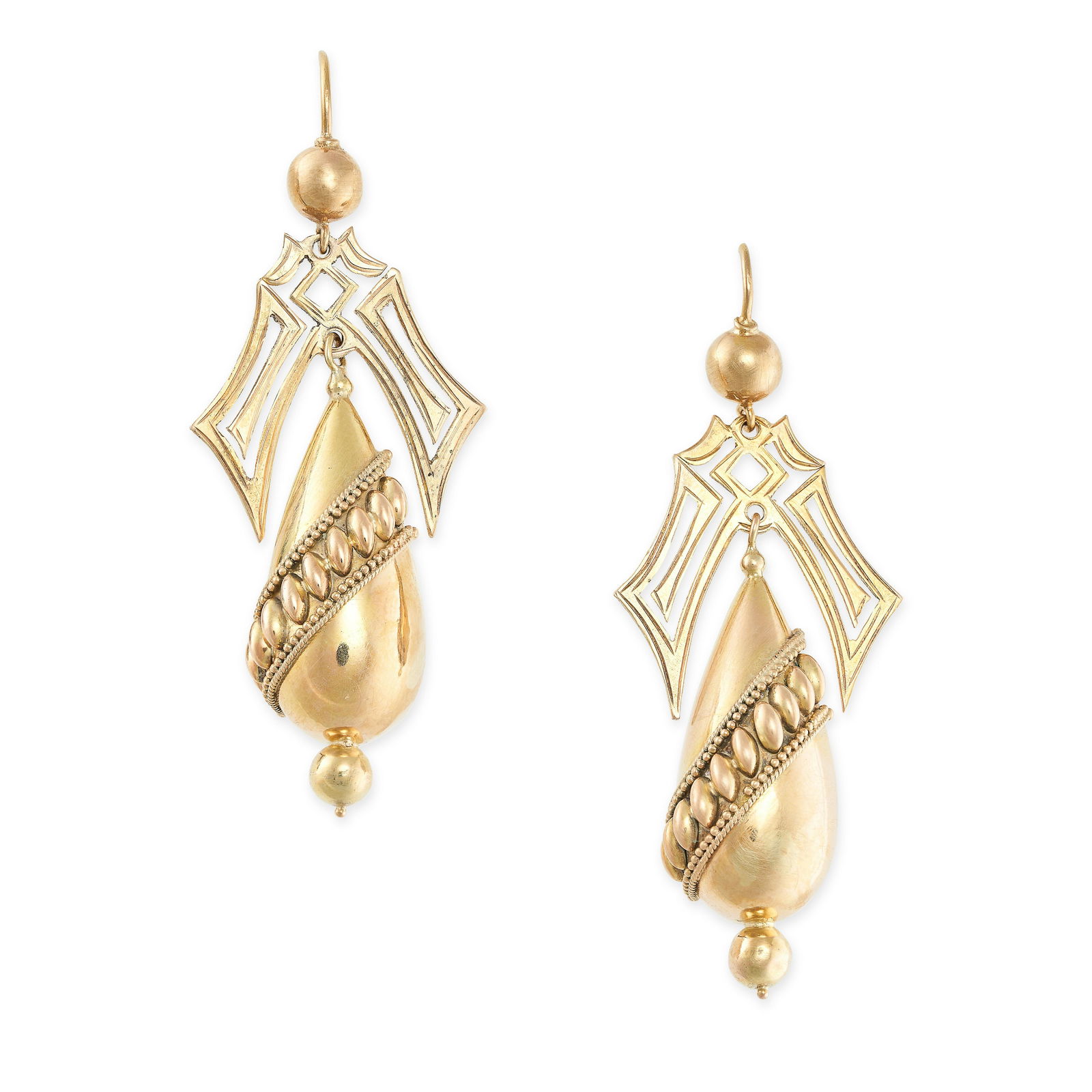 A PAIR OF ANTIQUE GOLD DROP EARRINGS, 19TH CENTURY in yellow gold, in the Etruscan revival manner, (1 of 1)