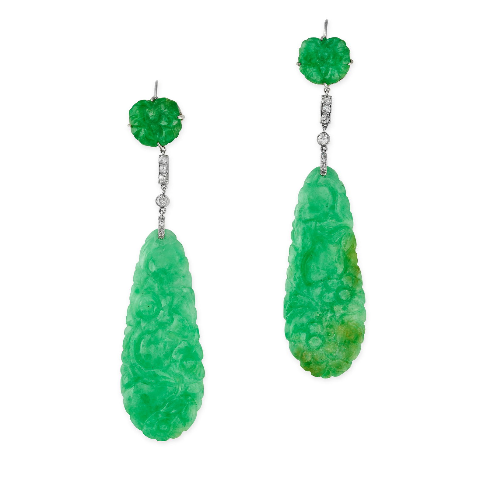 A PAIR OF ART DECO JADEITE JADE DROP EARRINGS each set with a carved jadeite jade suspending a row (1 of 1)