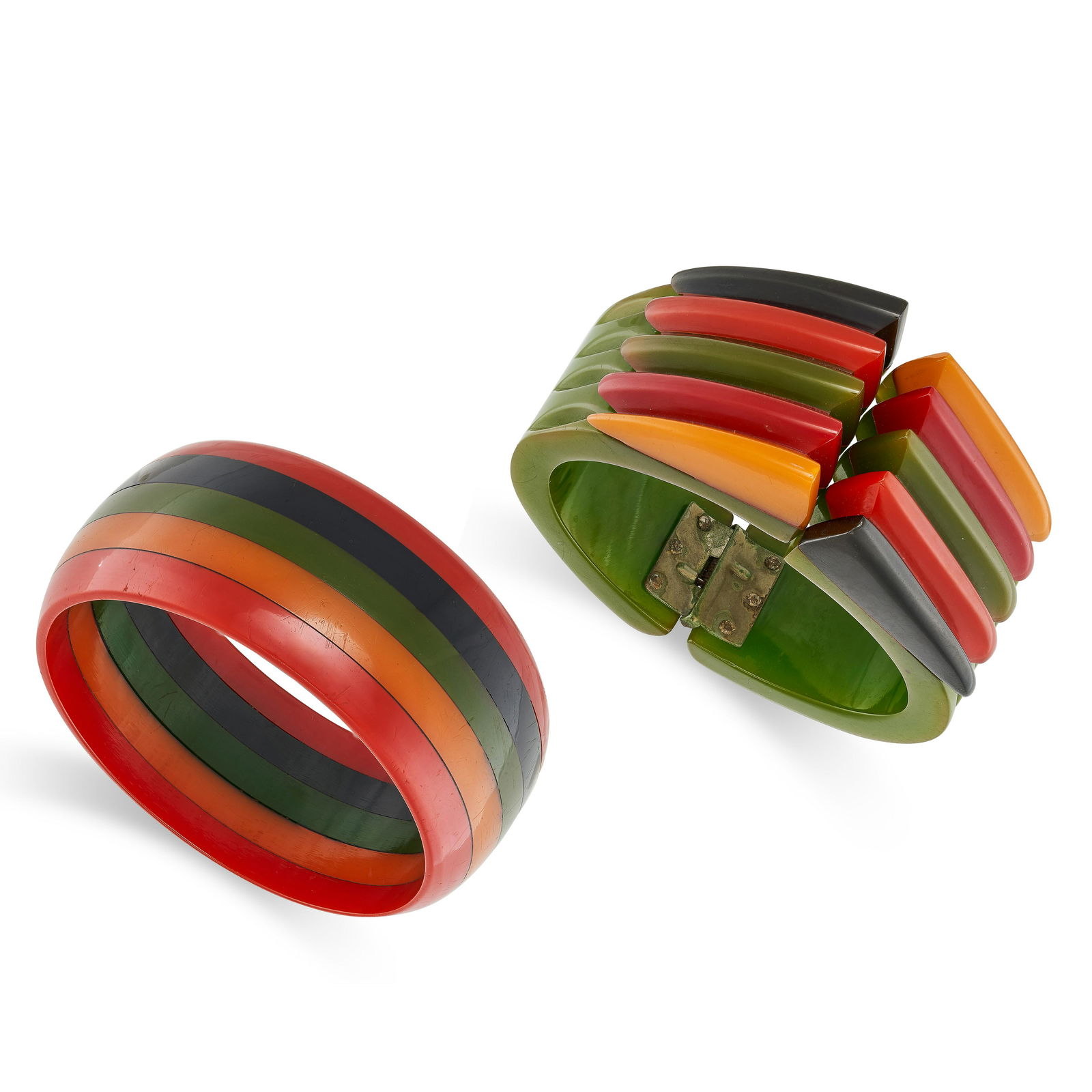 A PAIR OF RETRO BAKELITE BANGLES comprising a bangle formed of rows of red, black, green and yellow (1 of 1)