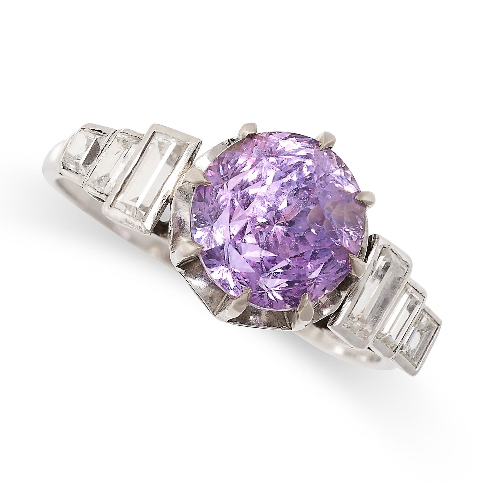 AN ART DECO PURPLE SAPPHIRE AND DIAMOND RING in platinum, set with a round cut purple sapphire of (1 of 2)