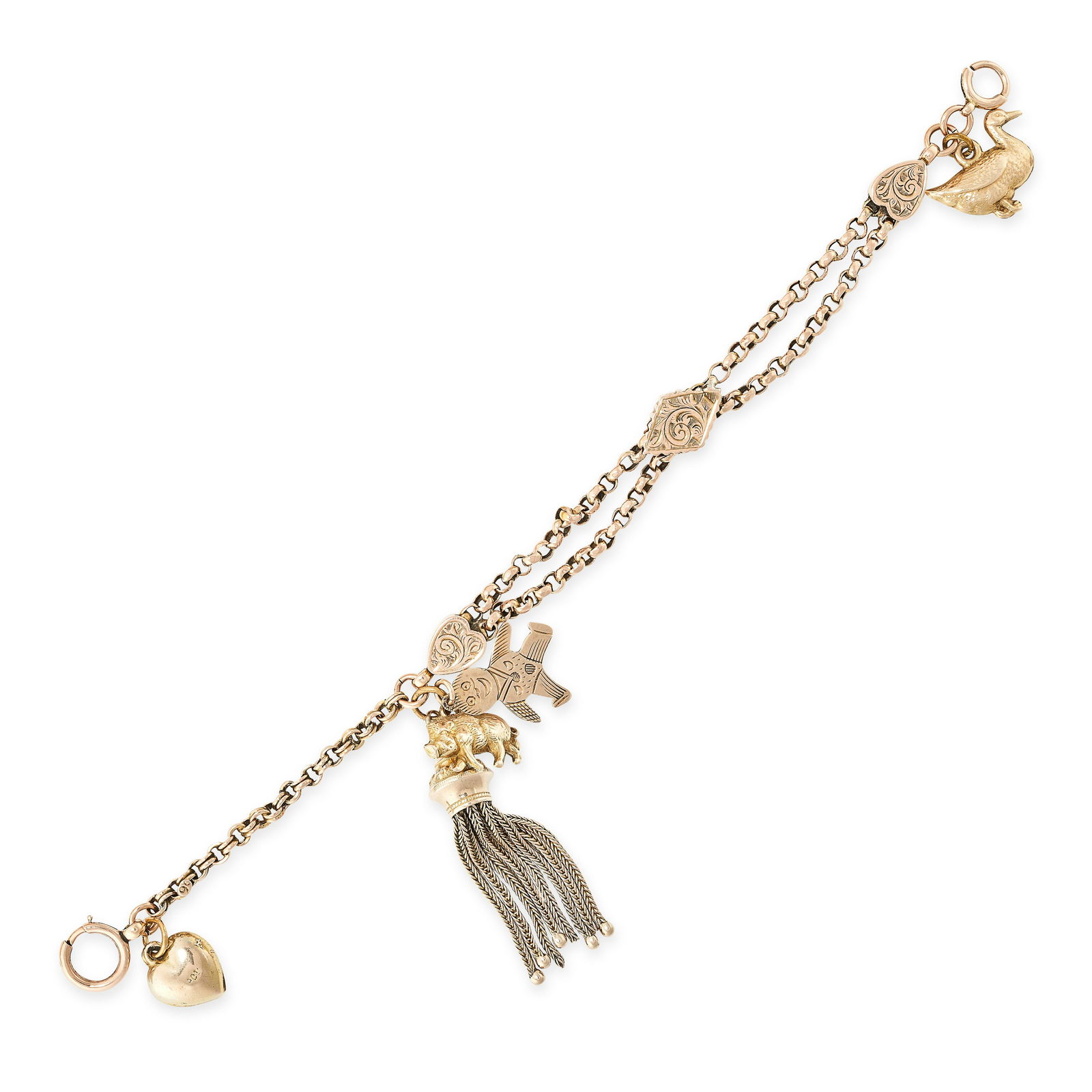 A VINTAGE ALBERTINA CHARM BRACELET in 9ct yellow gold, comprising two rows of belcher chains (1 of 1)