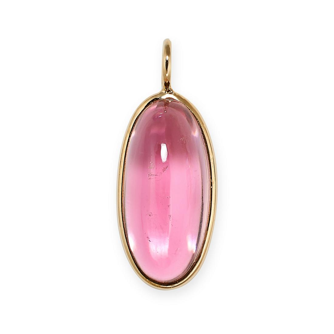 A PINK TOURMALINE PENDANT in yellow gold, set with a cabochon pink tourmaline, stamped 18K, 2.1cm,: A PINK TOURMALINE PENDANT in yellow gold, set with a cabochon pink tourmaline, stamped 18K, 2.1cm, 1.5g.