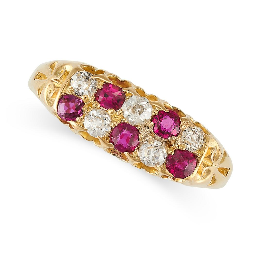 AN ANTIQUE RUBY AND DIAMOND RING in yellow gold, set with alternating round cut rubies and old cut (1 of 2)