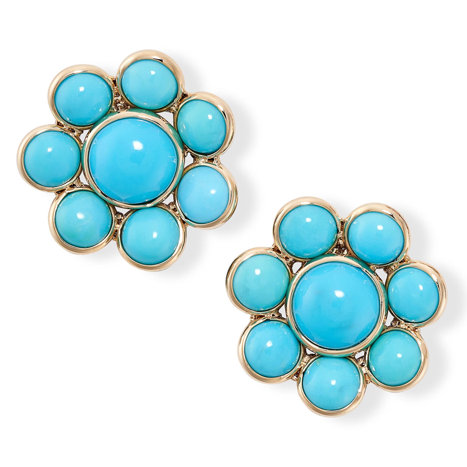 A PAIR OF TURQUOISE CLUSTER STUD EARRINGS in 14ct yellow gold, set with a cluster of cabochon (1 of 1)