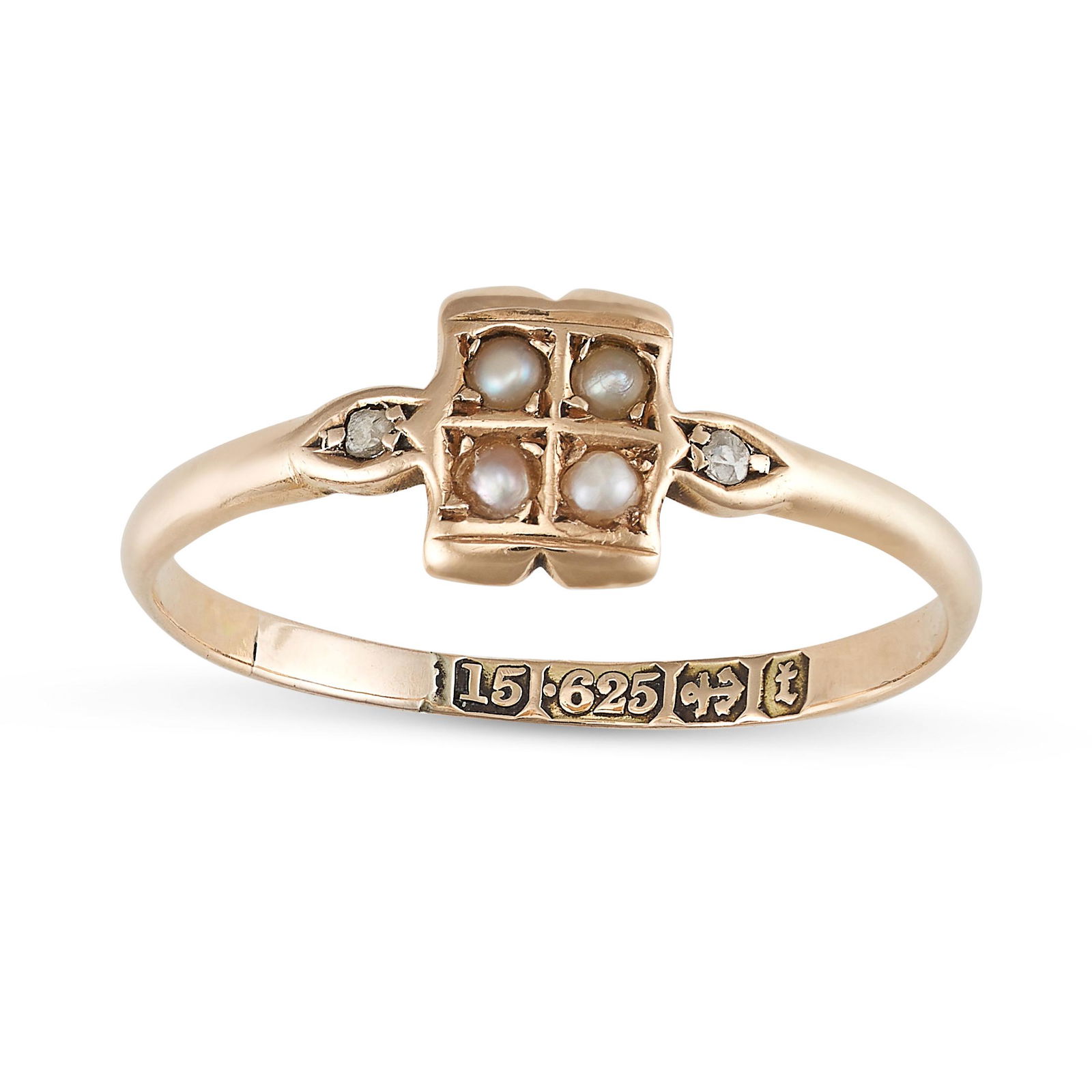 AN ANTIQUE VICTORIAN PEARL AND DIAMOND RING in 15ct yellow gold, the rectangular face set with four (1 of 1)