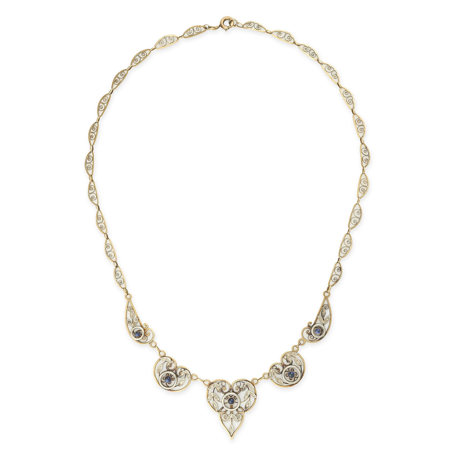 AN ART NOUVEAU FRENCH SAPPHIRE NECKLACE in 18ct yellow gold, comprising a series of scrolling links, (1 of 1)