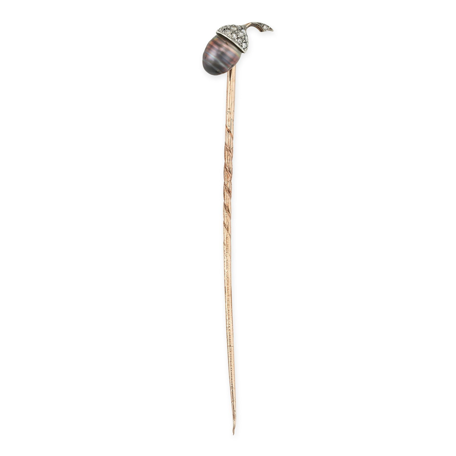 AN ANTIQUE PEARL AND DIAMOND ACORN STICK / TIE PIN in yellow gold, the head designed as an acorn set (1 of 1)