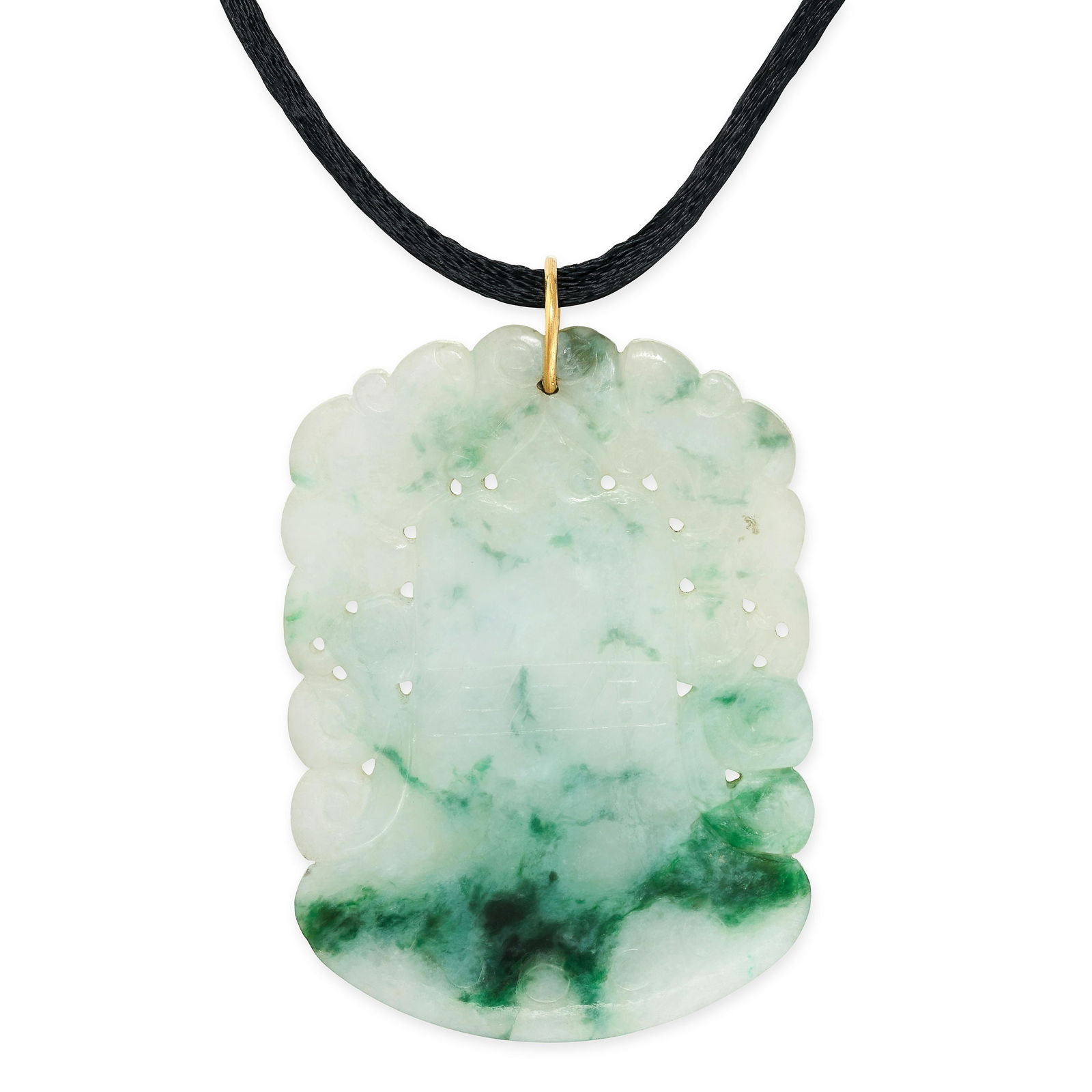 A CARVED JADEITE JADE PENDANT AND CORD comprising a carved mottled green jadeite jade plaque pendant (1 of 1)