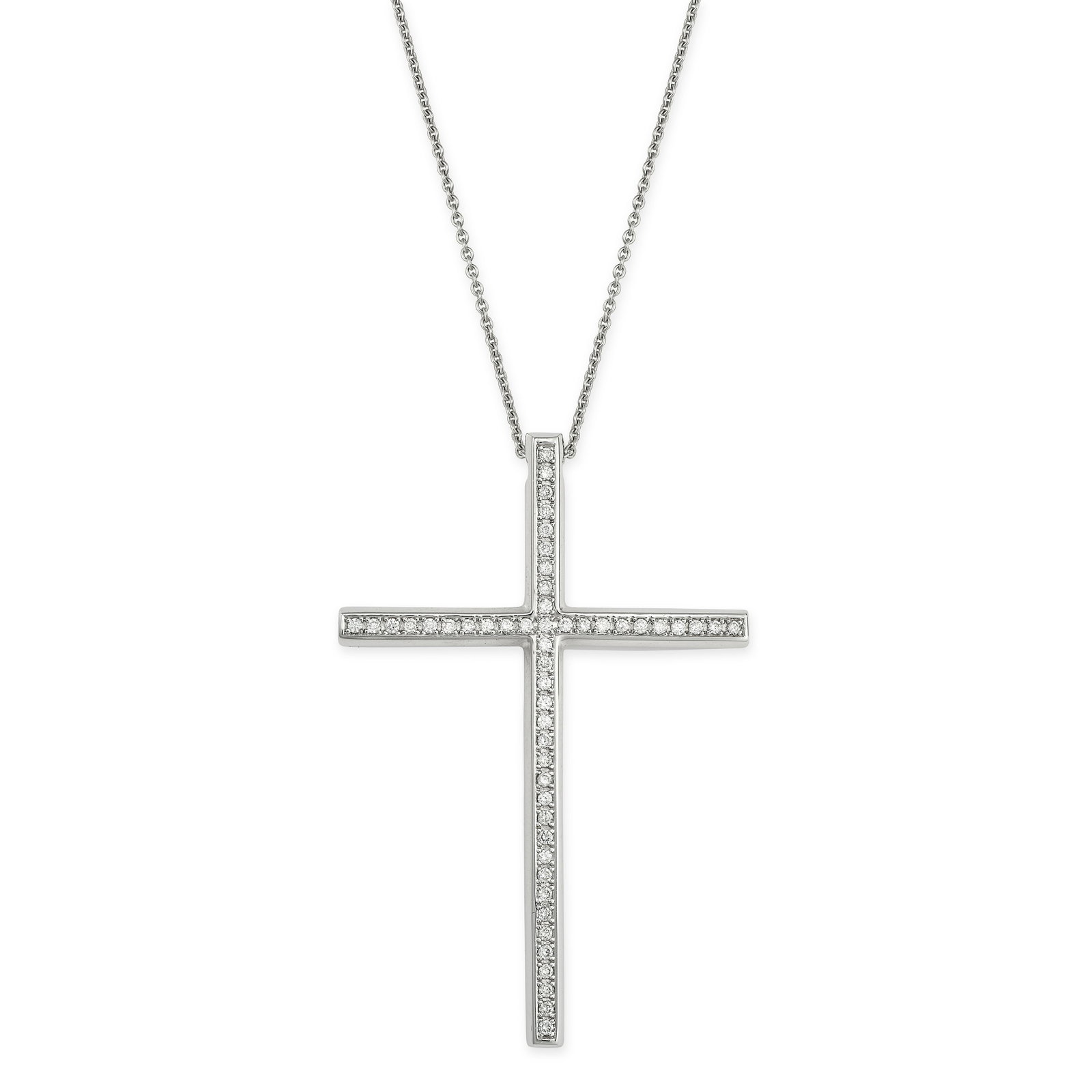 A DIAMOND CROSS PENDANT NECKLACE in white gold, designed as a cross set with round cut diamonds: A DIAMOND CROSS PENDANT NECKLACE in white gold, designed as a cross set with round cut diamonds suspended from a chain, no assay marks, cross 5.2cm, chain 44.0cm, 10.6g.