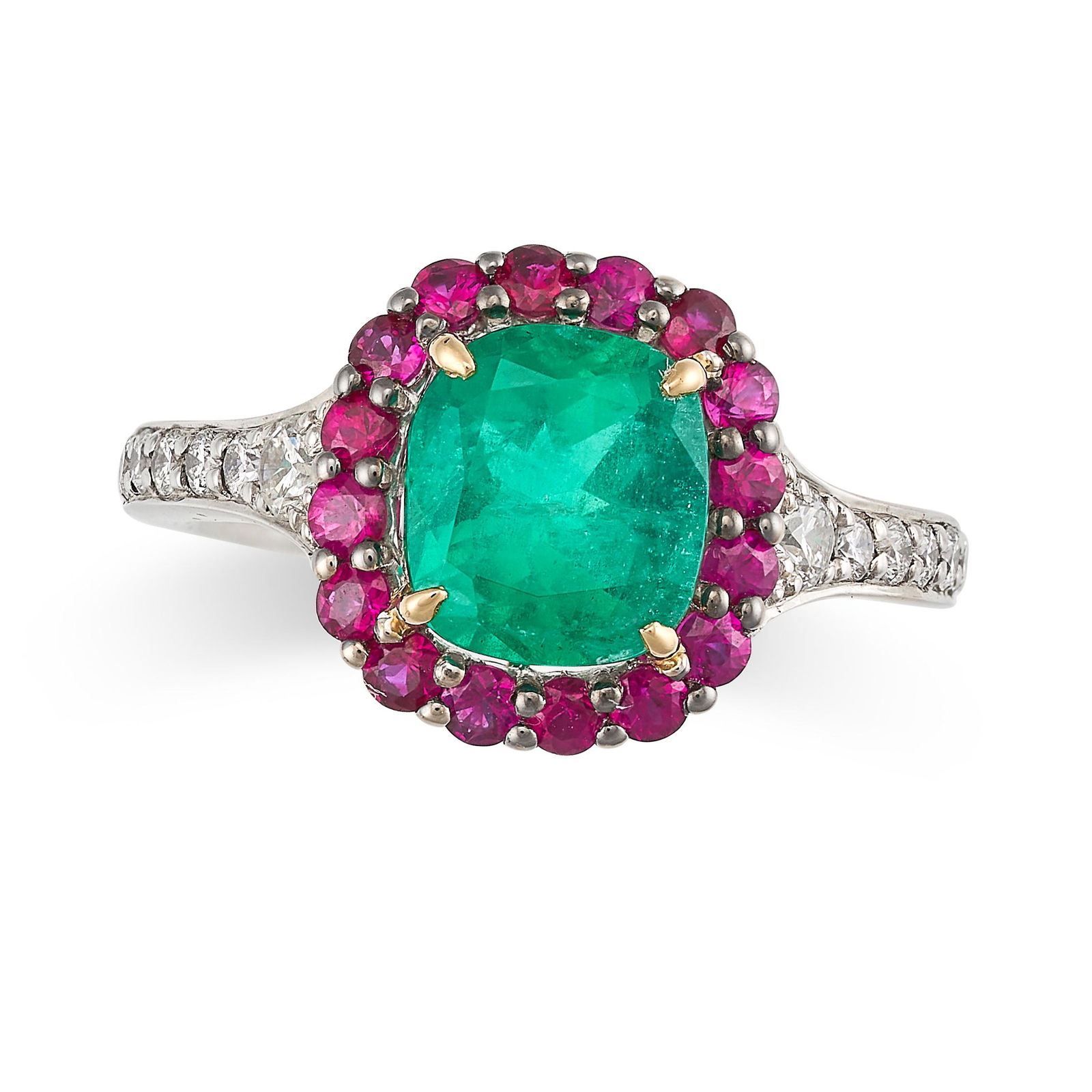 AN EMERALD, RUBY AND DIAMOND RING in 18ct white gold, set with a cushion cut emerald of: AN EMERALD, RUBY AND DIAMOND RING in 18ct white gold, set with a cushion cut emerald of approximately 1.91 carats in a border of round cut rubies, the band set with round brilliant cut diamonds, full