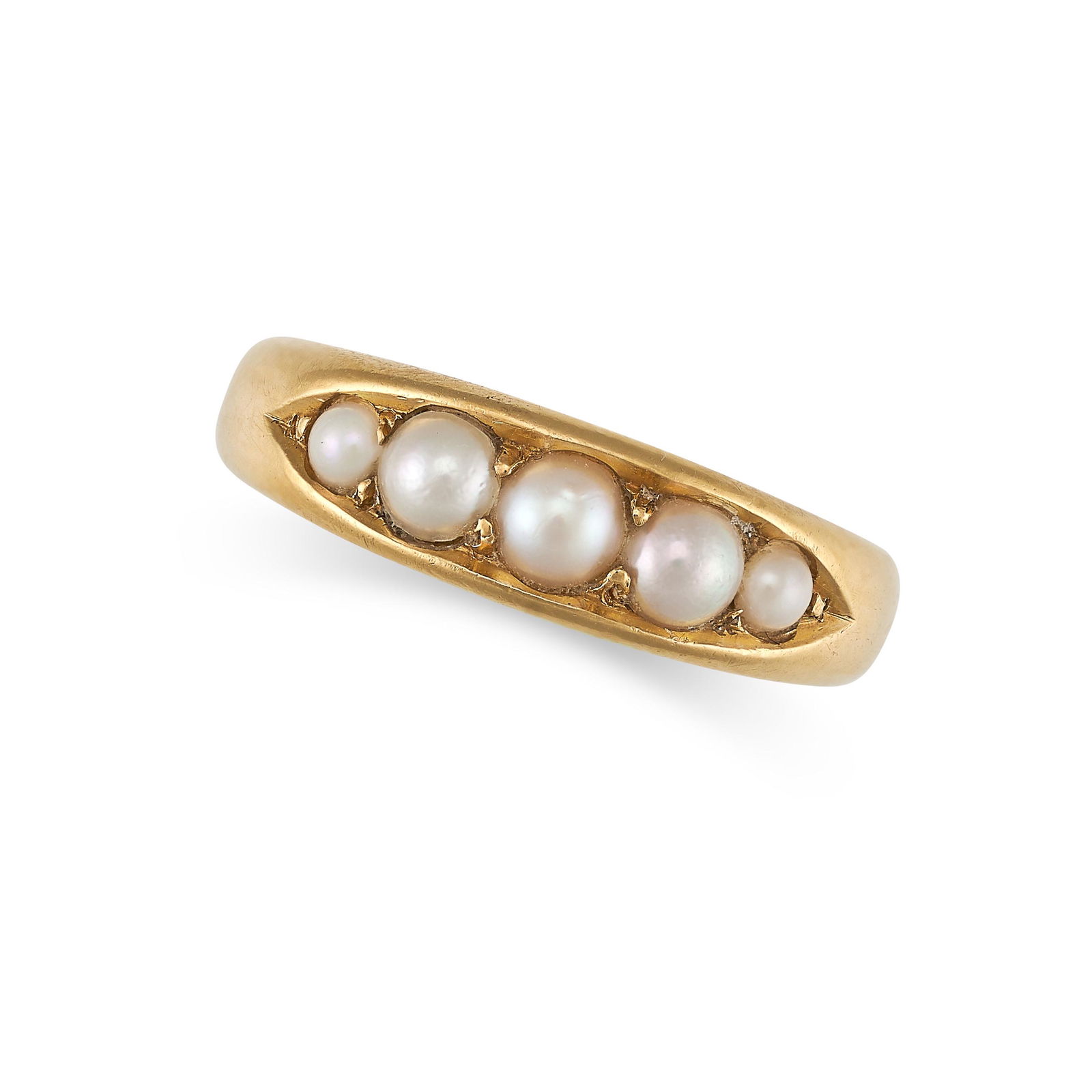 AN ANTIQUE VICTORIAN PEARL RING in 18ct yellow gold, the band set with five pearls, full British (1 of 1)