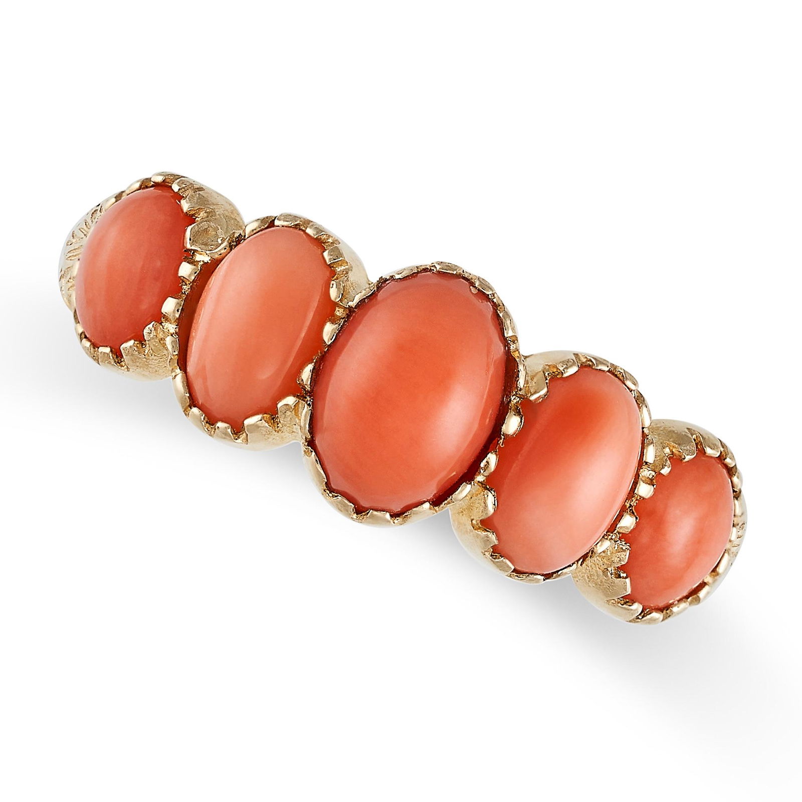 A CORAL FIVE STONE RING in 9ct yellow gold, set with five oval cabochon cut coral to engraved (1 of 2)