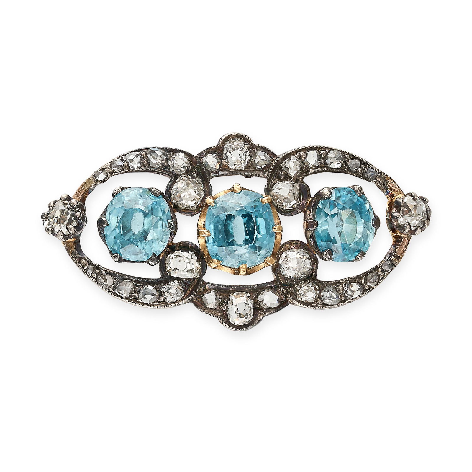 AN ANTIQUE BLUE ZIRCON AND DIAMOND BROOCH in yellow gold and silver, set with a cushion and oval cut (1 of 1)