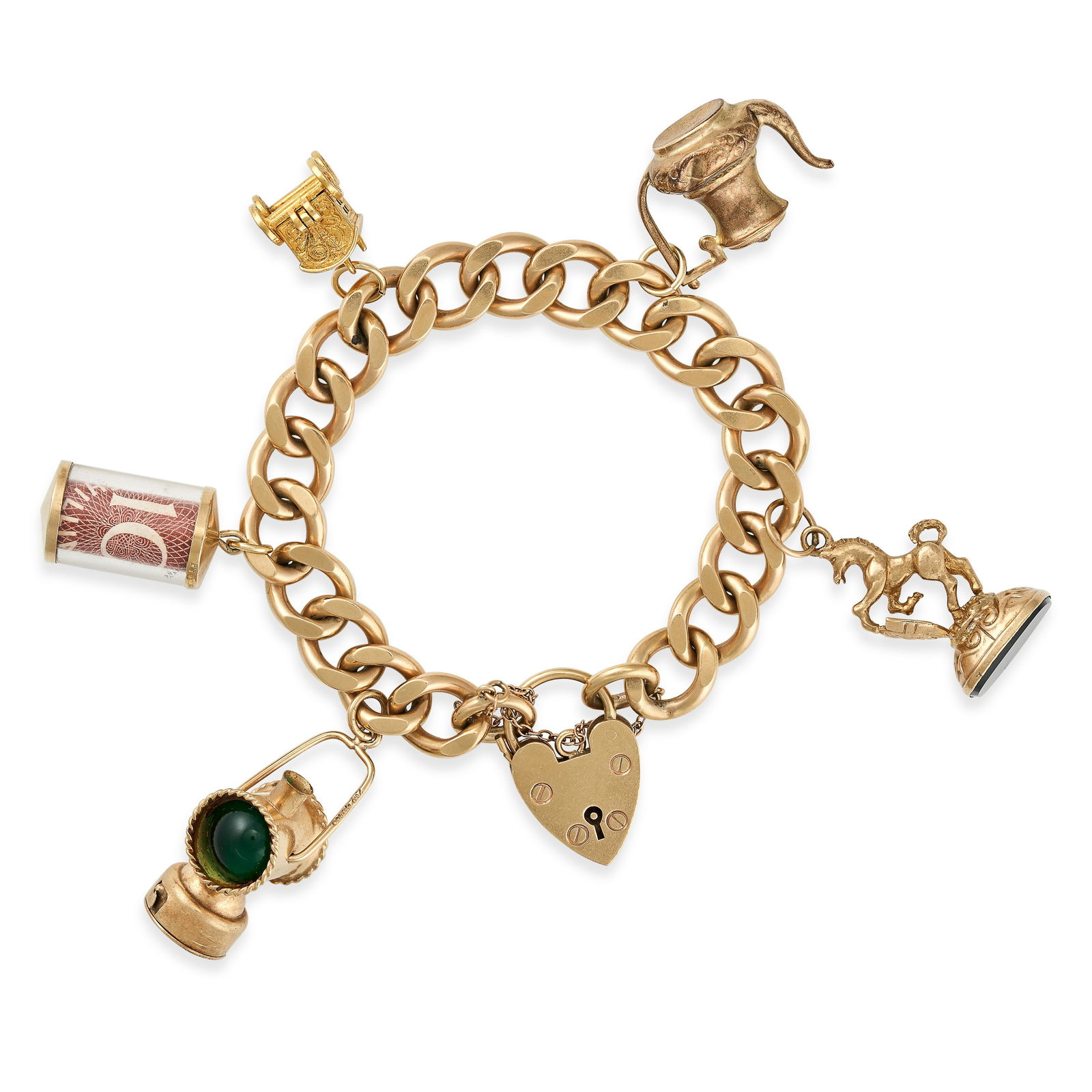 A GOLD CHARM BRACELET in 9ct yellow gold, comprising a curb chain bracelet with a heart padlock (1 of 1)