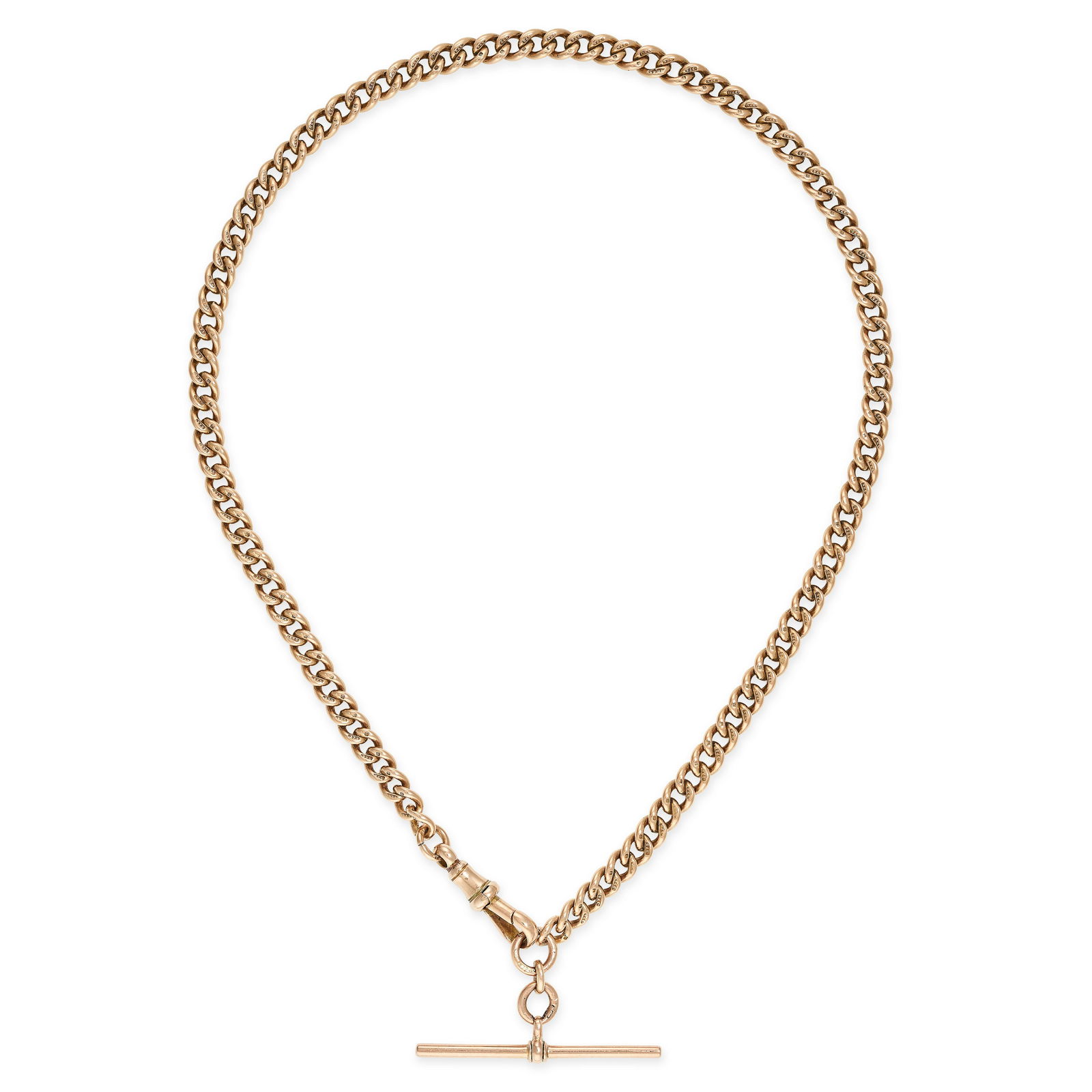 A VINTAGE GOLD ALBERT WATCH CHAIN in 9ct rose gold, the curb chain terminating to one end with a (1 of 1)