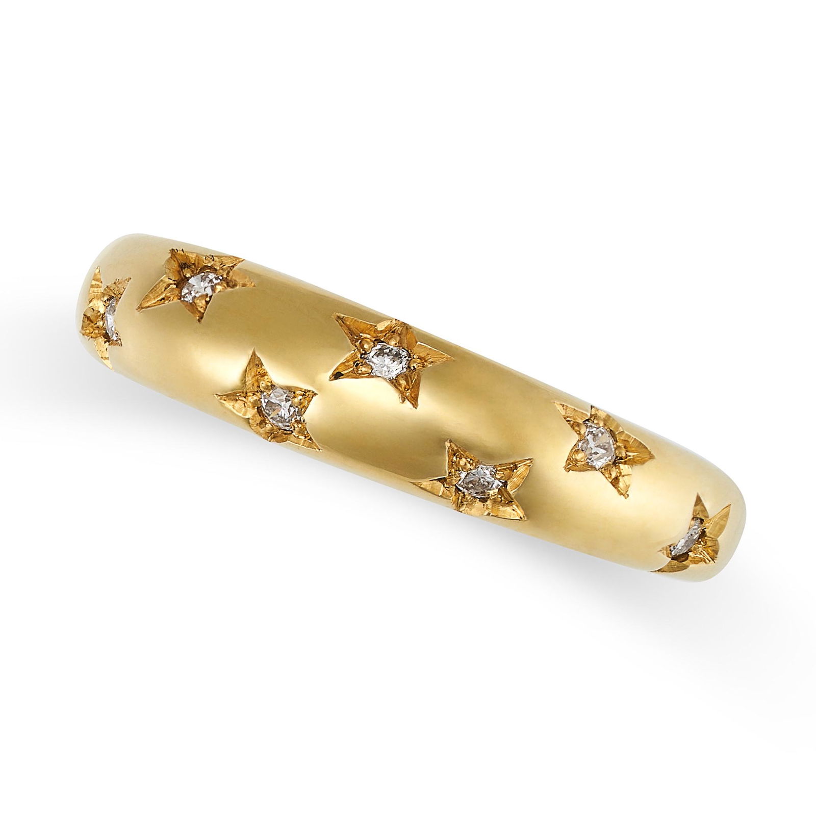 A DIAMOND STAR RING in yellow gold, the band set with round cut diamonds in star motifs, no assay (1 of 2)