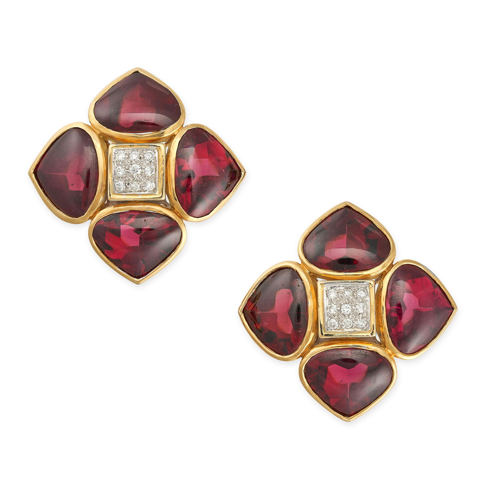 ANTONINI, A PAIR OF GARNET AND DIAMOND CLIP EARRINGS in 18ct yellow gold, each comprising a cluster: ANTONINI, A PAIR OF GARNET AND DIAMOND CLIP EARRINGS in 18ct yellow gold, each comprising a cluster of round brilliant cut diamonds in a border of cabochon garnets, signed Antonini, Italian assay