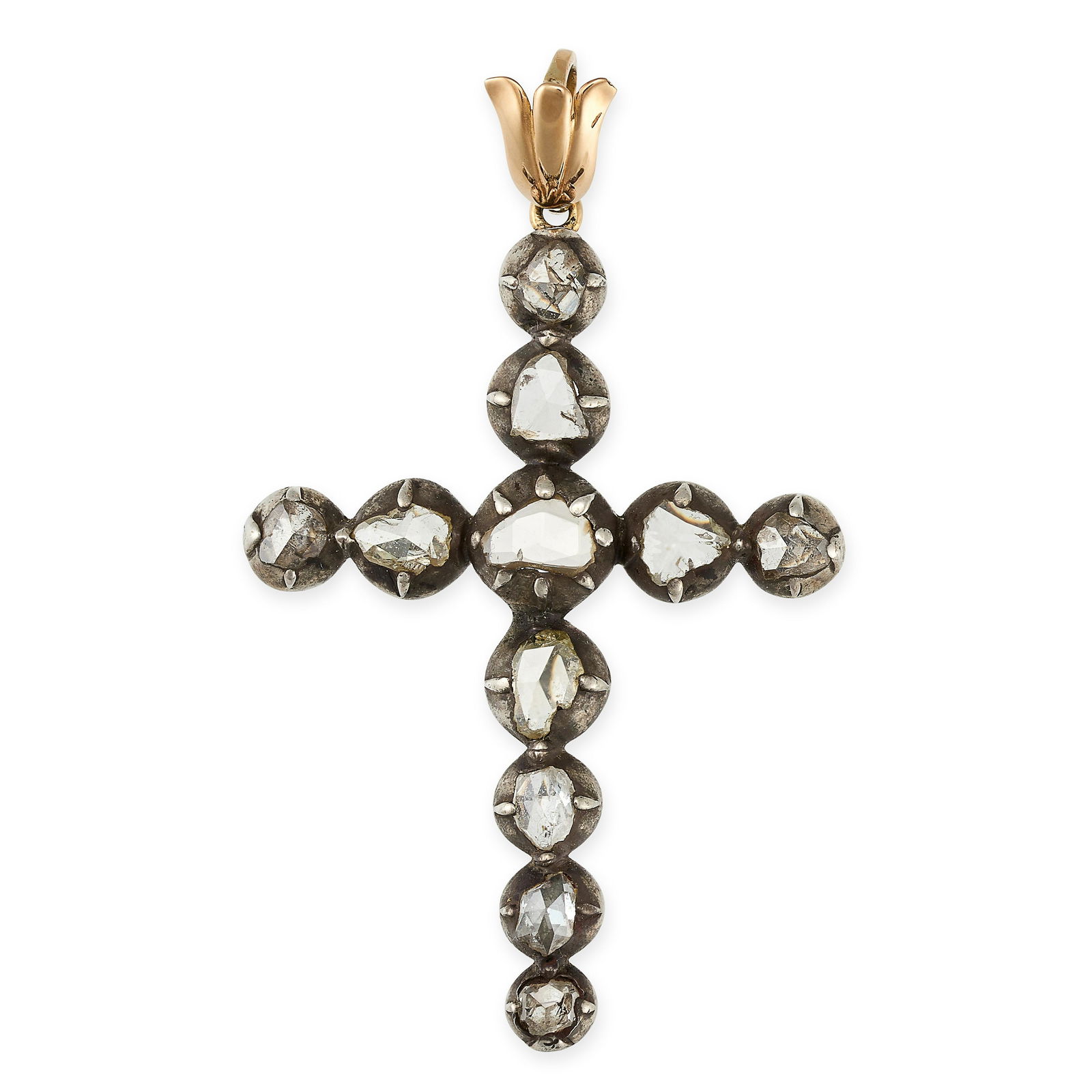 AN ANTIQUE DIAMOND CROSS PENDANT in yellow gold, designed as a cross set throughout with rose cut (1 of 1)