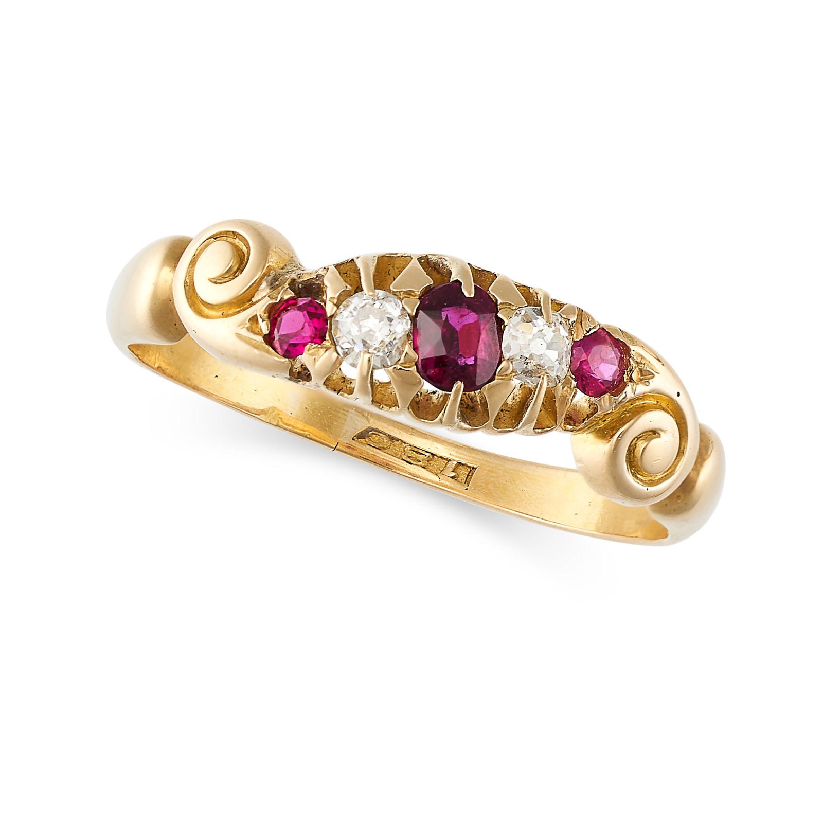 AN ANTIQUE RUBY AND DIAMOND RING in 18ct yellow gold, set with oval and round cut rubies and old cut (1 of 1)