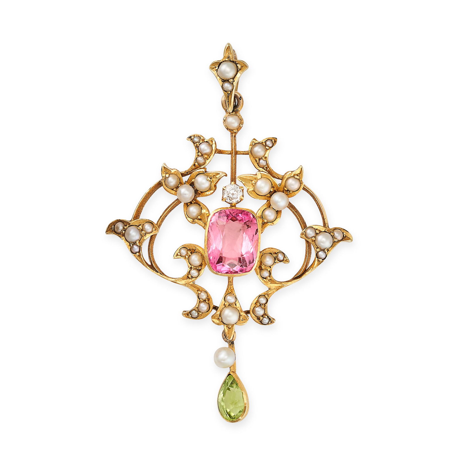 AN ANTIQUE PINK TOURMALINE, PEARL, DIAMOND AND PERIDOT PENDANT in yellow gold, in scrolling design, (1 of 1)