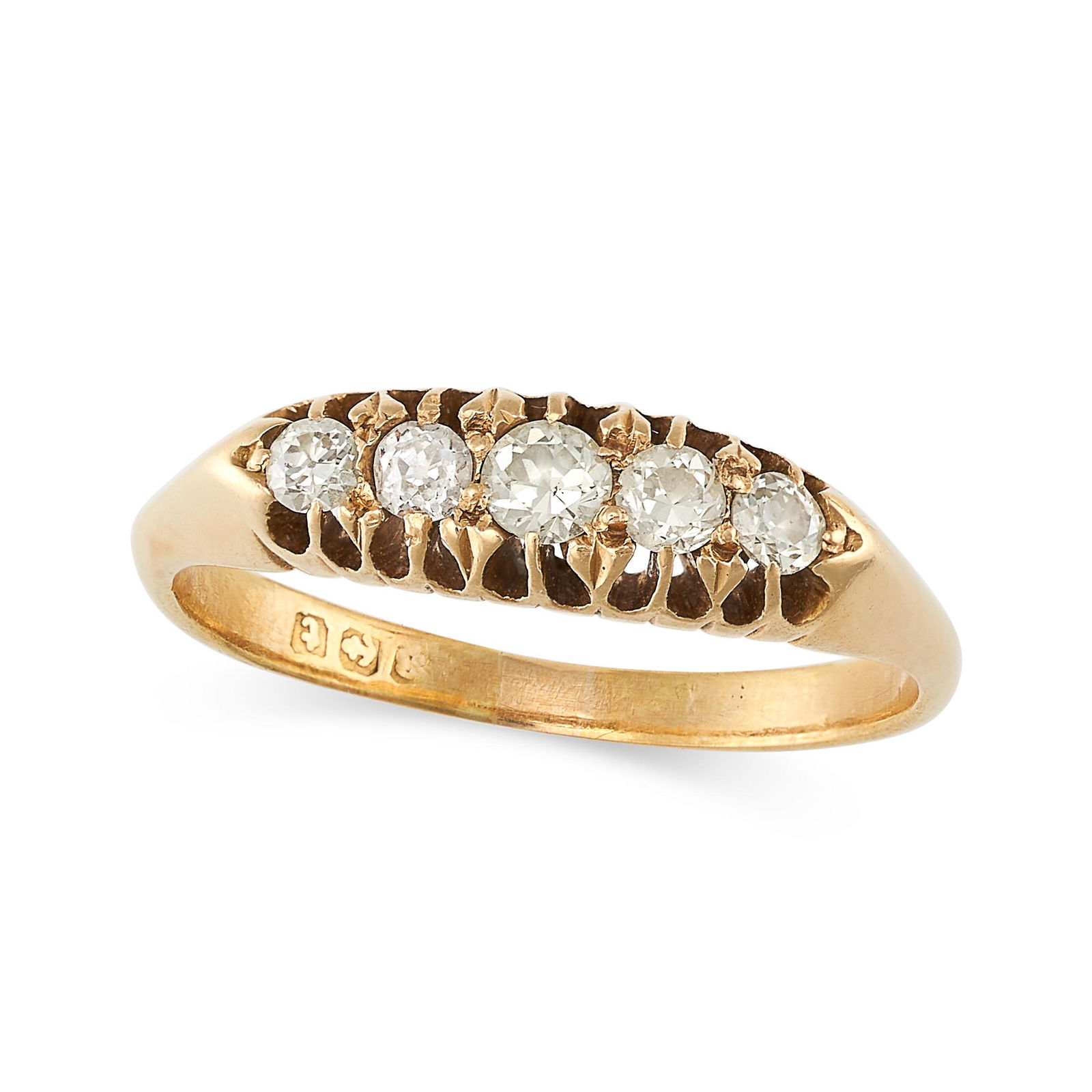 AN ANTIQUE DIAMOND FIVE STONE RING in 18ct yellow gold, set with five round brilliant cut diamonds, (1 of 1)