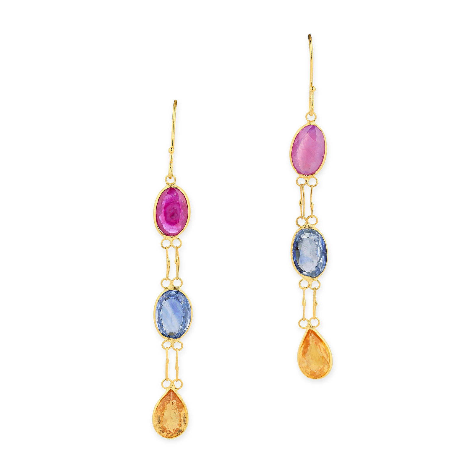 A PAIR OF MULTICOLOURED SAPPHIRE AND RUBY DROP EARRINGS in yellow gold, each set with an oval cut (1 of 1)