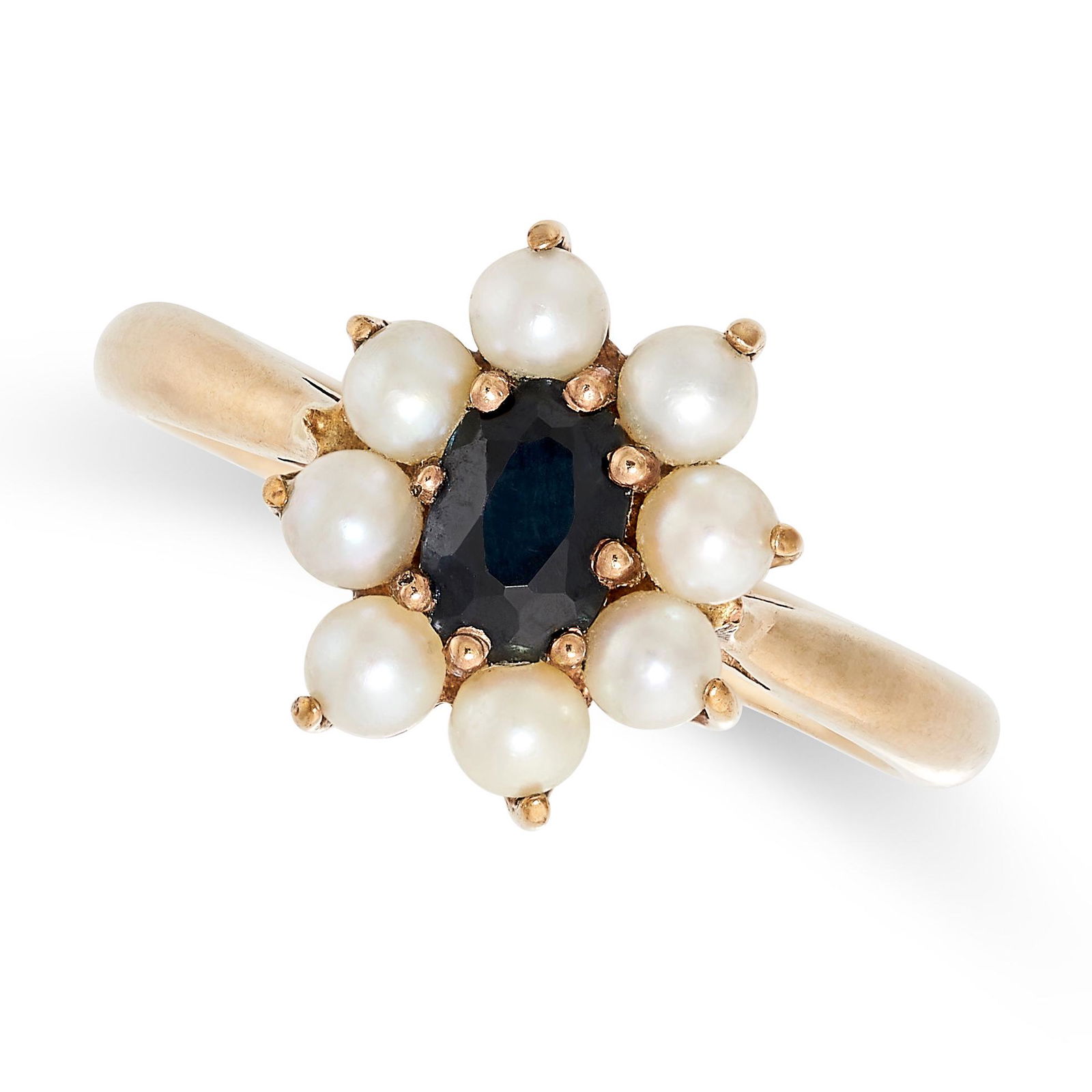 A SAPPHIRE AND PEARL RING in 9ct yellow gold, set with an oval cut sapphire surrounded by a cluster (1 of 2)