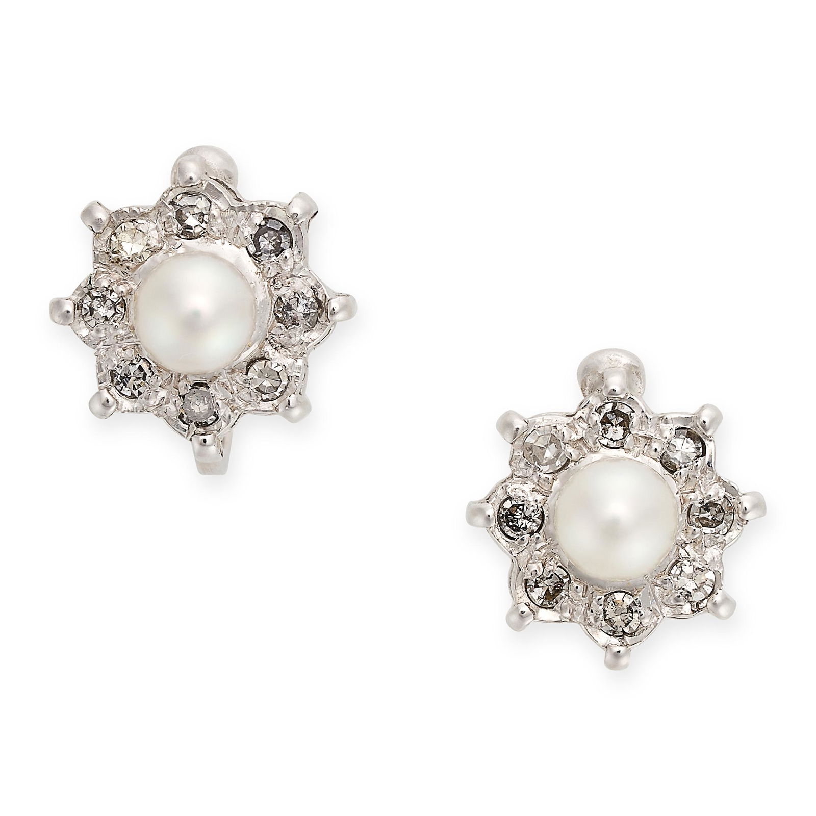 A PAIR OF PEARL AND DIAMOND EARRINGS in 9ct white gold, each earring with a pearl surrounded by a (1 of 1)