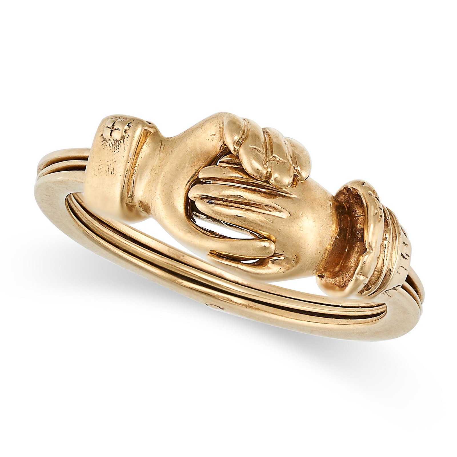 A WHITE GEMSTONE FEDE GIMMEL RING in 9ct yellow gold, designed as a trio of hinged bands linked (1 of 1)