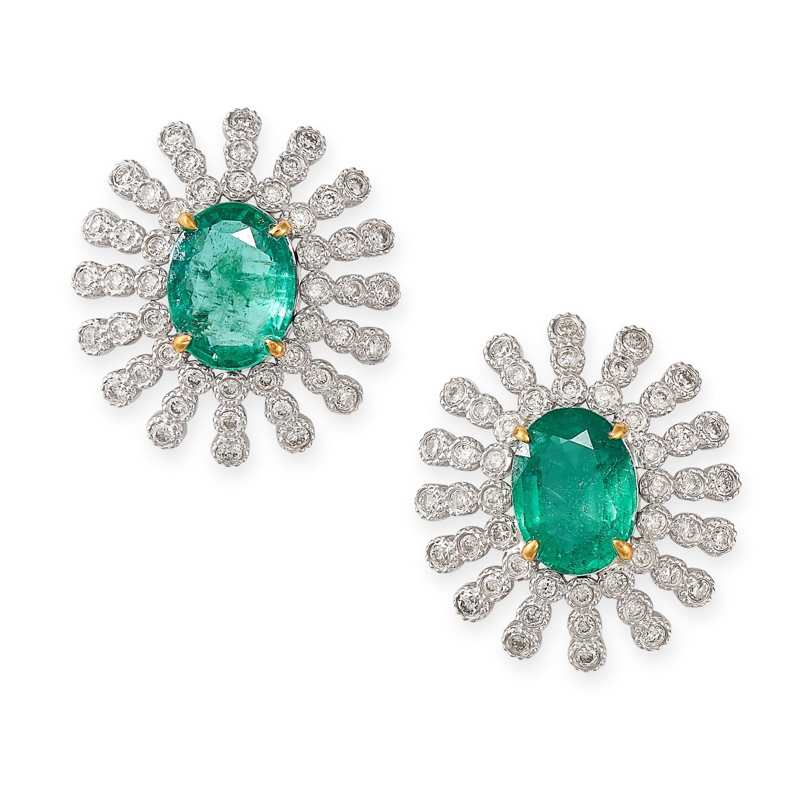 A PAIR OF EMERALD AND DIAMOND CLUSTER STUD EARRINGS in 18ct white gold, each set with an oval cut (1 of 1)