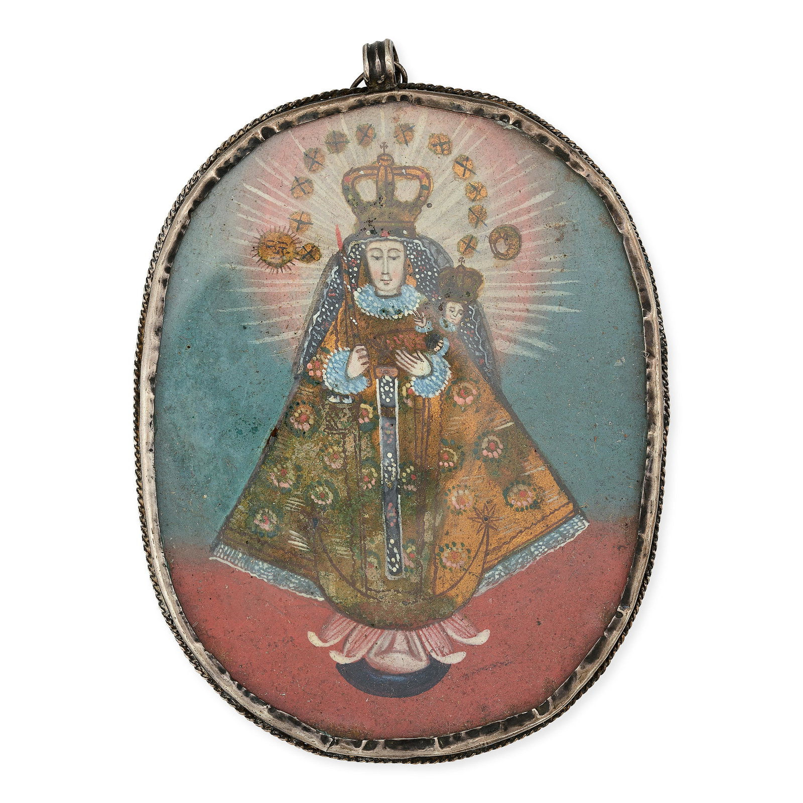 NO RESERVE - A SPANISH ICON PENDANT in silver, the oval pendant set with a painted religious scene (1 of 2)