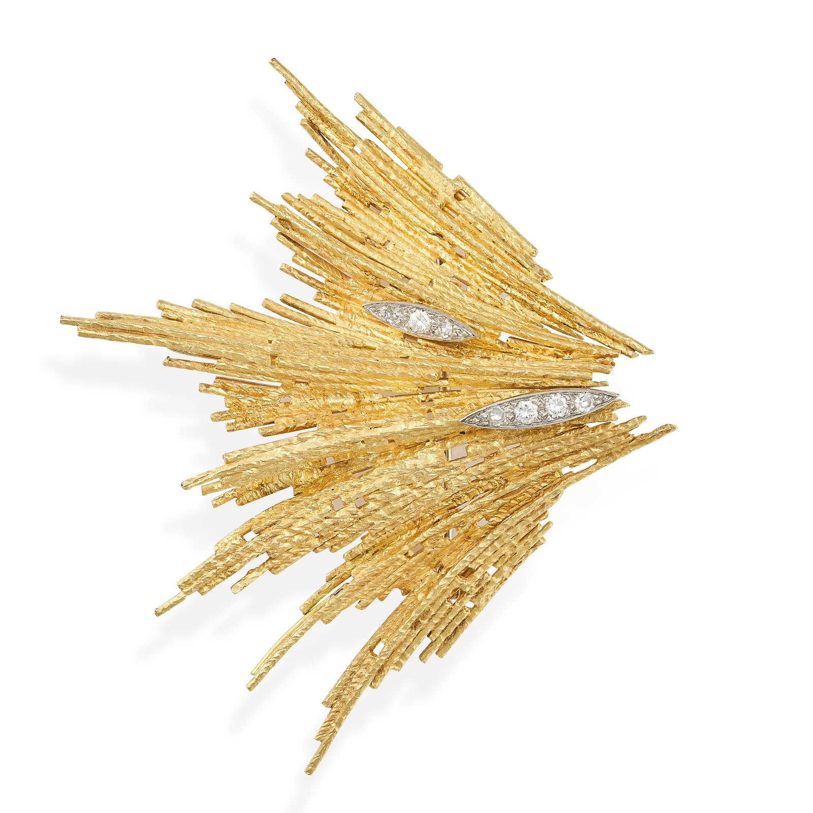 ANDREW GRIMA, A VINTAGE DIAMOND SPRAY BROOCH / PENDANT, 1970 in 18ct yellow gold, in abstract: ANDREW GRIMA, A VINTAGE DIAMOND SPRAY BROOCH / PENDANT, 1970 in 18ct yellow gold, in abstract design, set with round brilliant and single cut diamonds, signed GRIMA, full British hallmarks for London