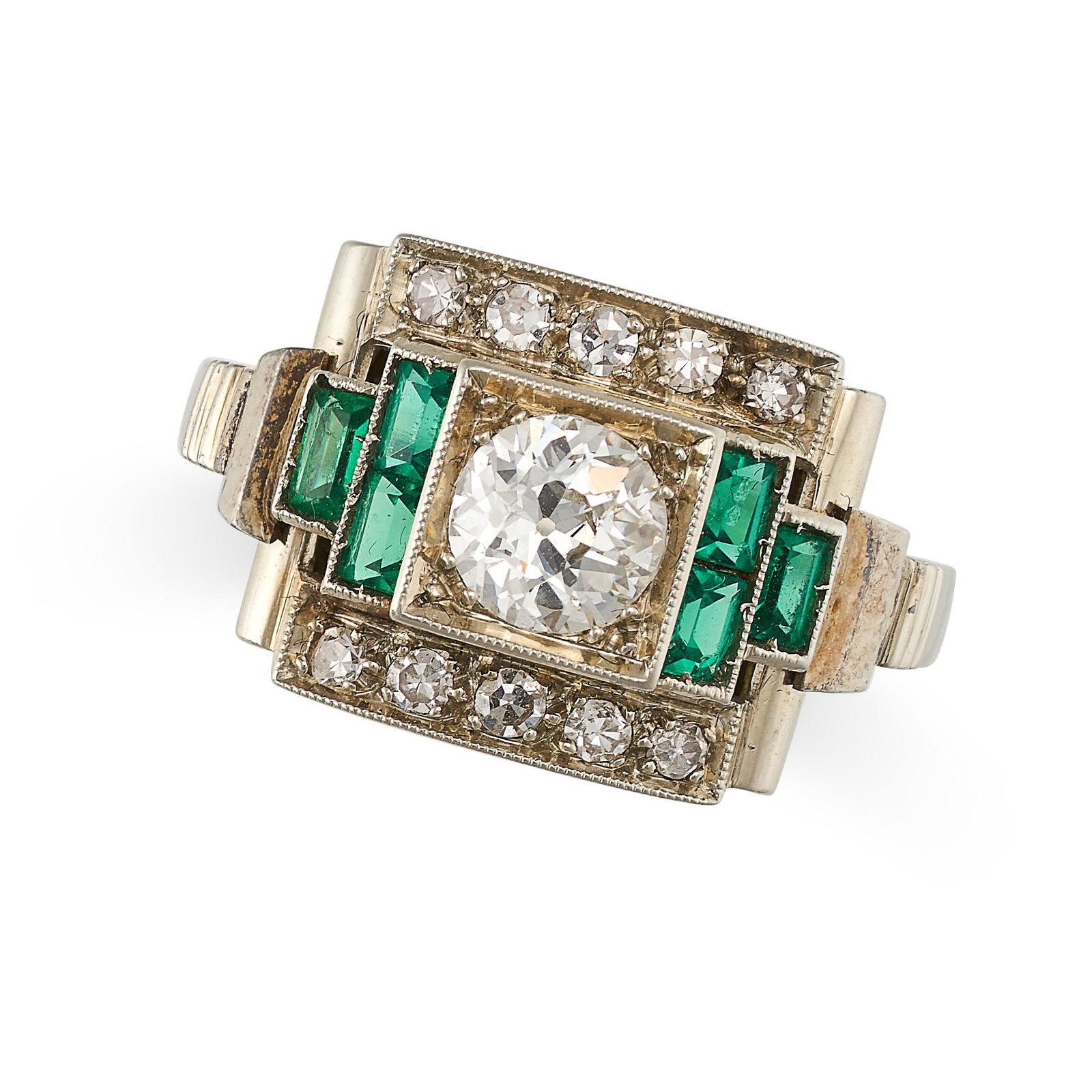 A DIAMOND AND EMERALD RING in 18ct white gold, the geometric face set with a central old cut diamond (1 of 2)