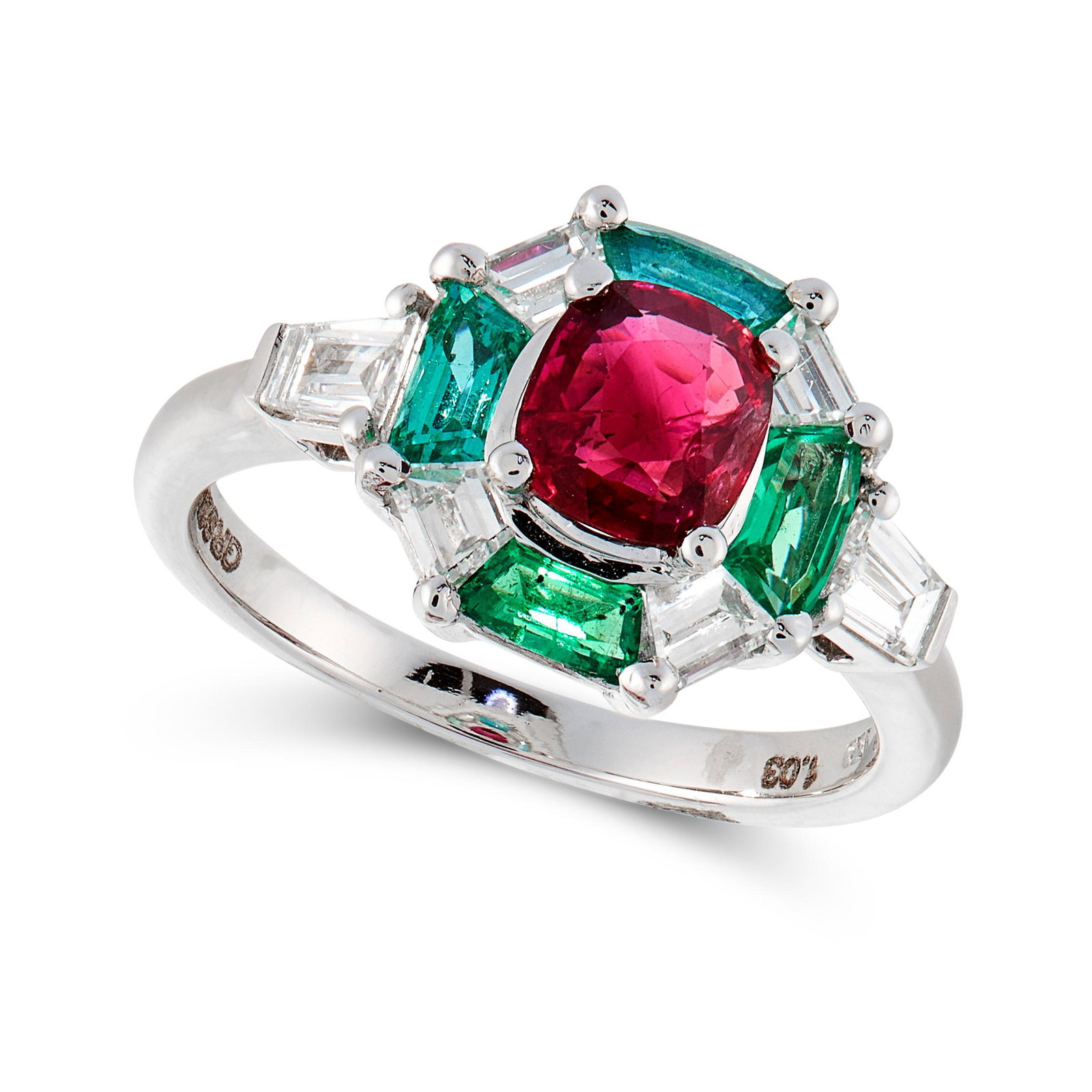 A RUBY, EMERALD AND DIAMOND DRESS RING in 18ct white gold, set with a central cushion cut ruby of...: A RUBY, EMERALD AND DIAMOND DRESS RING in 18ct white gold, set with a central cushion cut ruby of 0.96 carats, within a border set alternately with fancy shaped step cut emeralds and diamonds, with fu