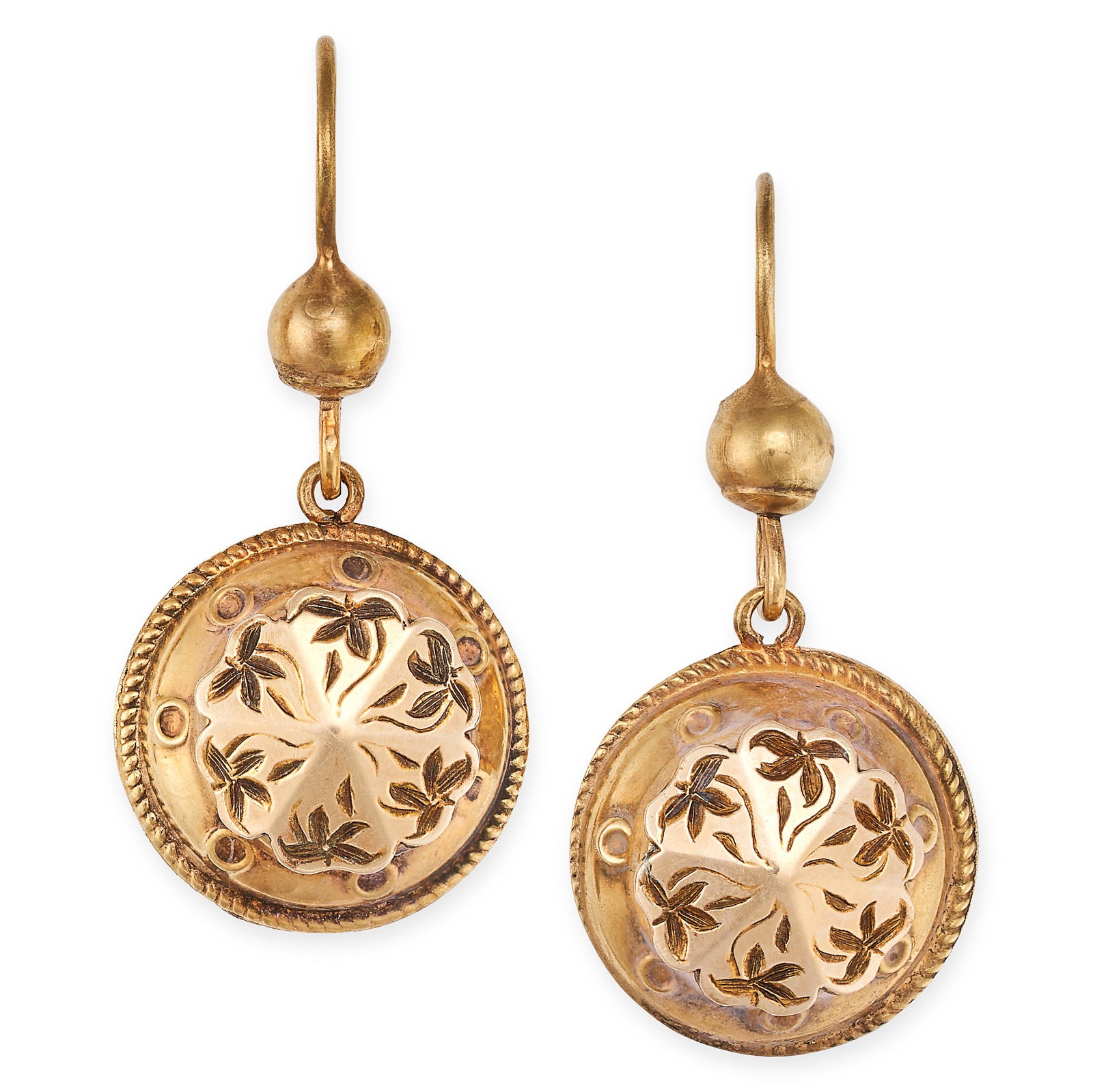 A PAIR OF ANTIQUE GOLD DROP EARRINGS in 9ct yellow gold, each earring with a domed drop accented ... (1 of 1)
