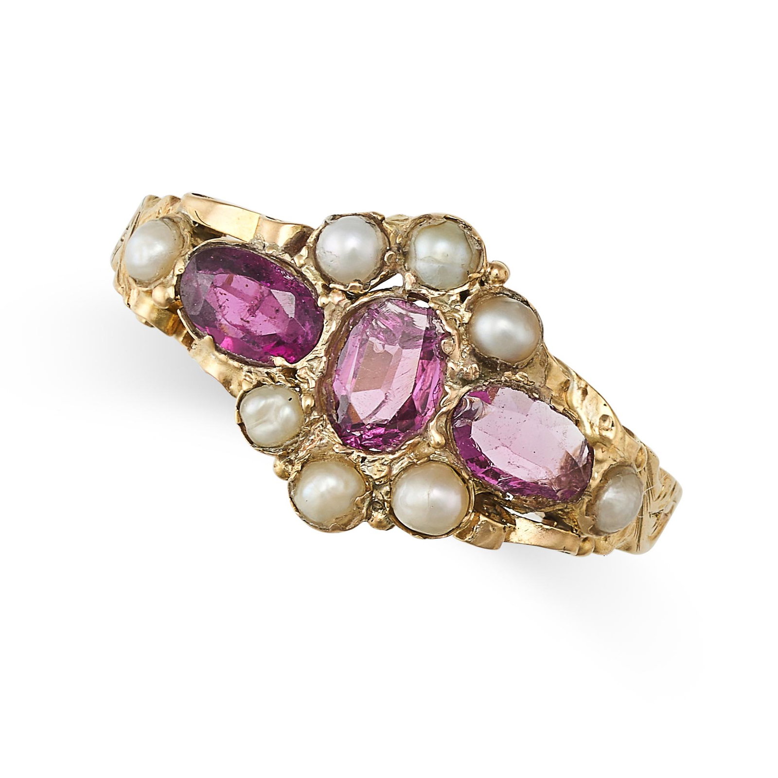 AN ANTIQUE GEORGIAN AMETHYST AND PEARL RING in 12ct yellow gold, set with three elongated oval cu... (1 of 2)