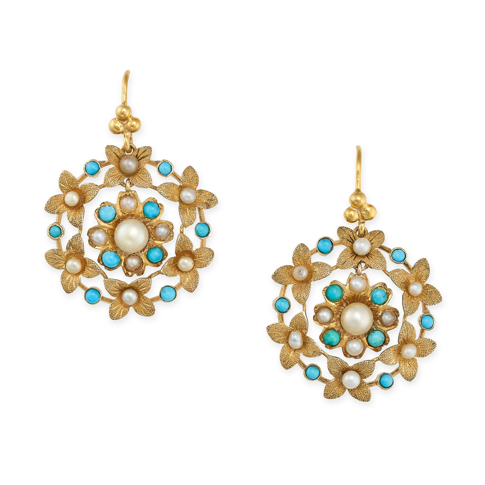 A PAIR OF ANTIQUE VICTORIAN PEARL AND TURQUOISE FLOWER EARRINGS in 15ct yellow gold, each earring... (1 of 1)