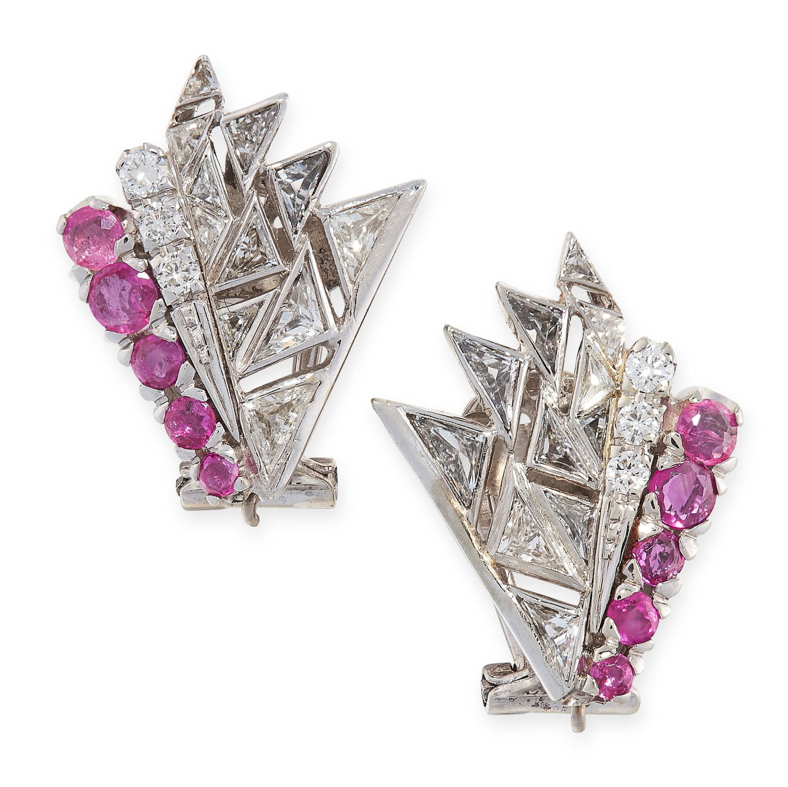 A PAIR OF VINTAGE RUBY AND DIAMOND EARRINGS in 14ct white gold, each set with triangular cut diam... (1 of 1)